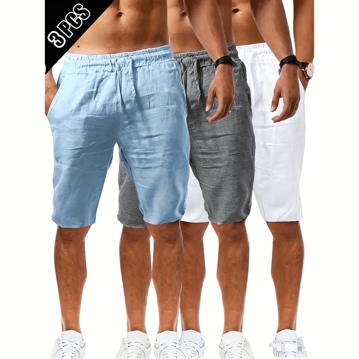 Currero Korte Linnen Broek Heren Zomerbroek Volwassenen Korte Broek Shorts Strandbroek Zomer Ibiza Stijl Hemelsblauw + Donkergrijs + Wit