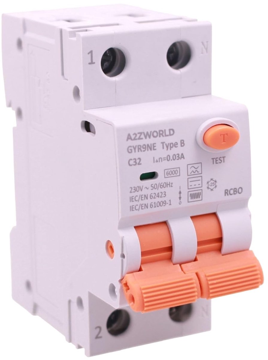Vermogensschakelaar - Differentiële schakelaar - Elektrische beveiliging - Type B RCBO - 2 modules - Grijs