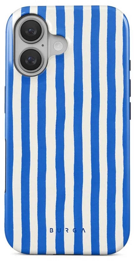iPhone hoesje met blauwe en witte strepen, met de tekst BURGA.