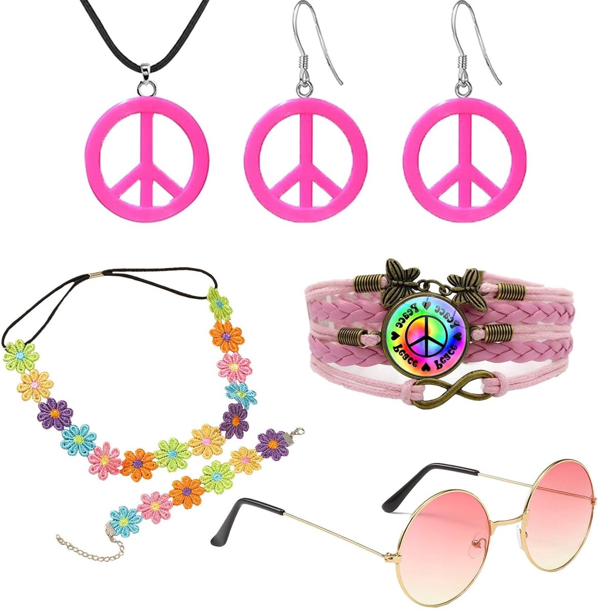 Hippie Kostuum Set 6 Delen met 70s Accessoires, Roze Zonnebril, Vredesteken Ketting, Oorbellen en Armbanden voor Bohemian Themafeest en Halloween Feestelijkheden