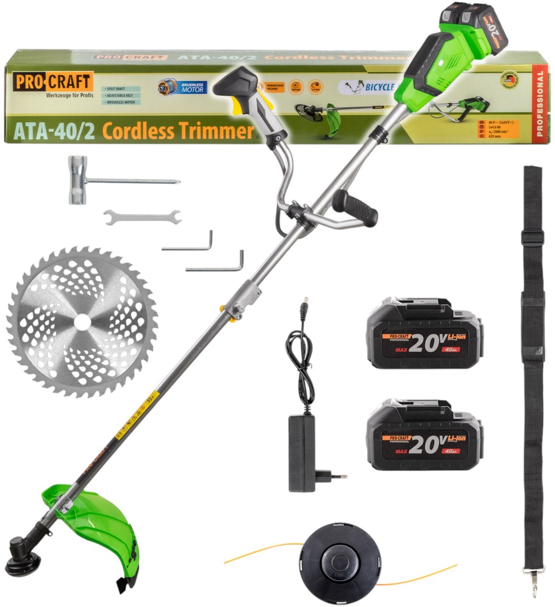 Procraft ATA-40/2 accu-bosmaaier 40 V (2x 20 V) 420 mm borstelloos + 2x accu 4,0 Ah + oplader