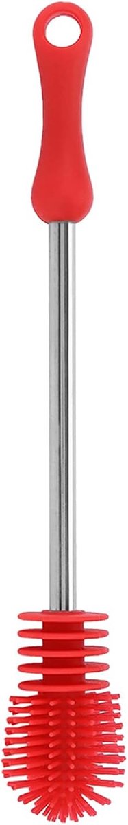 Siliconen Flessenborstel - Keukenreiniger Afwasborstel - Flessen Schoonmaken - Lange Steel Antislipgreep - 28 cm - Rood