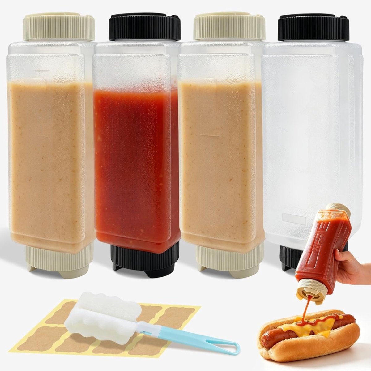 Verte Squeeze Bottle - Knijpfles voor Saus - Lekvrije Knijpfles met Kwastje en Stickers - Sausfles voor Ketchup - Saladedressing - Dikke Sauzen - Barbecue - Keuken - Picknick - 4 Stuks - 720 ml
