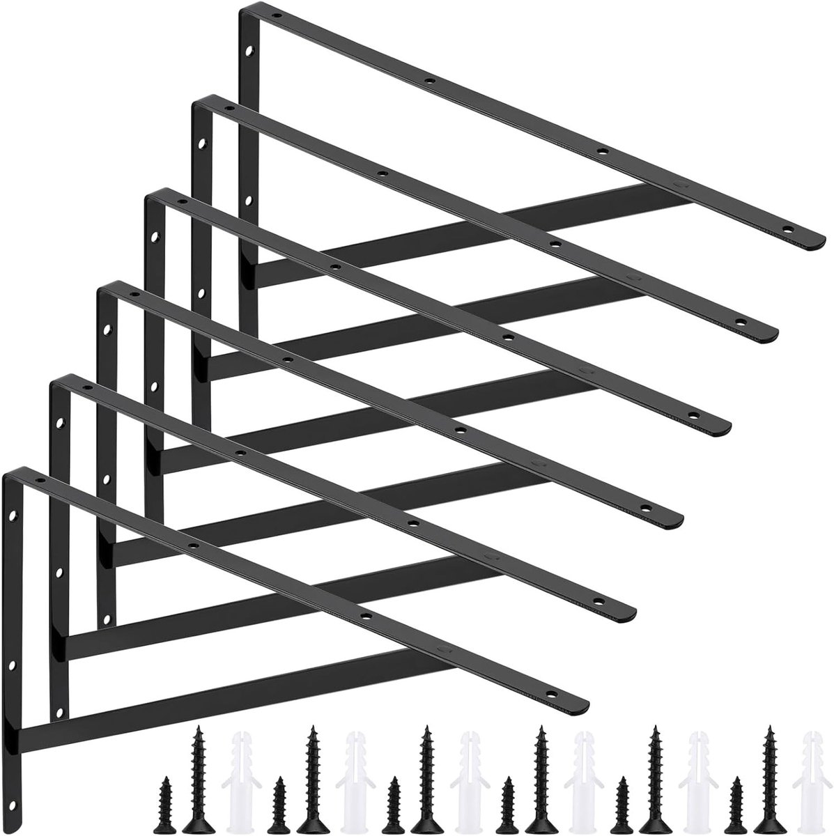 Set van 6 metalen wandplankhouders 400 x 250 mm, zwart, inclusief schroeven, ideaal voor wandmontage en opbergruimte