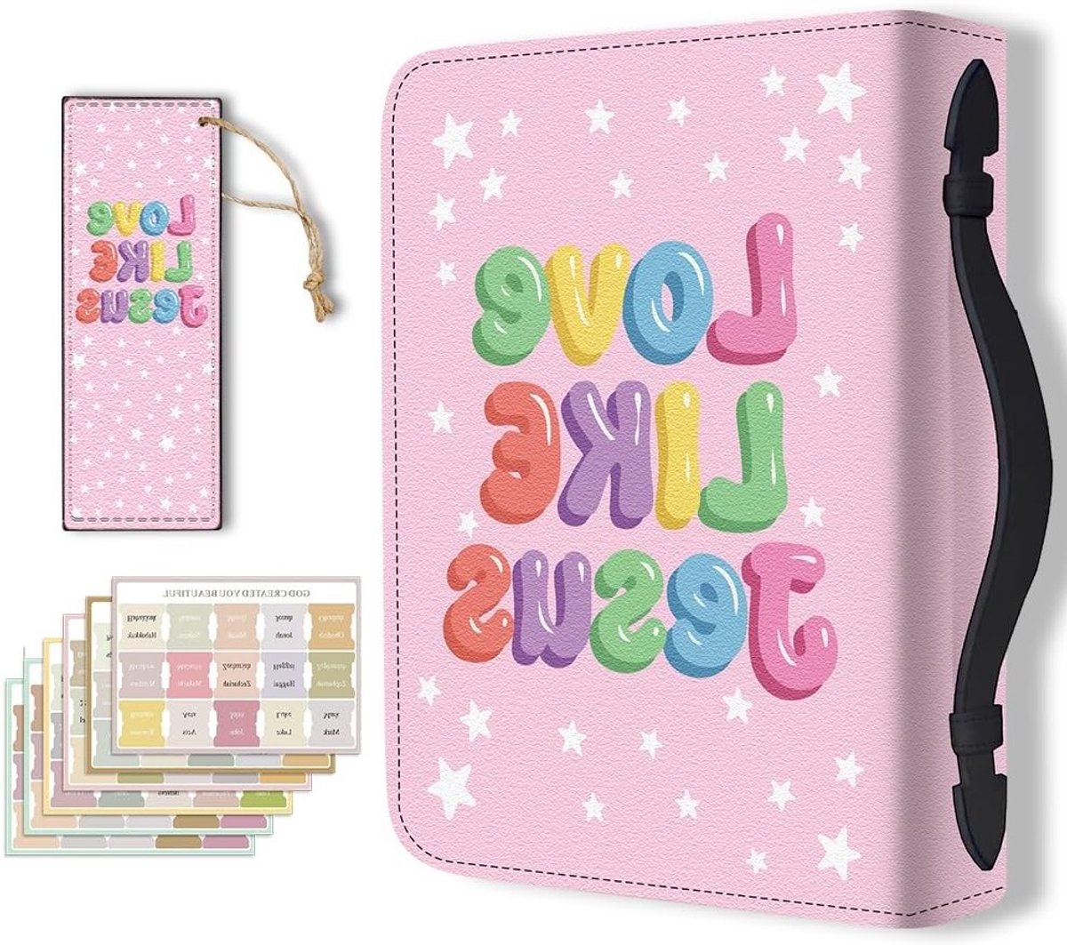 Stijlvolle bijbelhoes voor dames in roze met regenboogbubbels, kunstleer, inclusief bladwijzer en handvat, perfect als christelijk geschenk voor de kerk en bijbelstudie