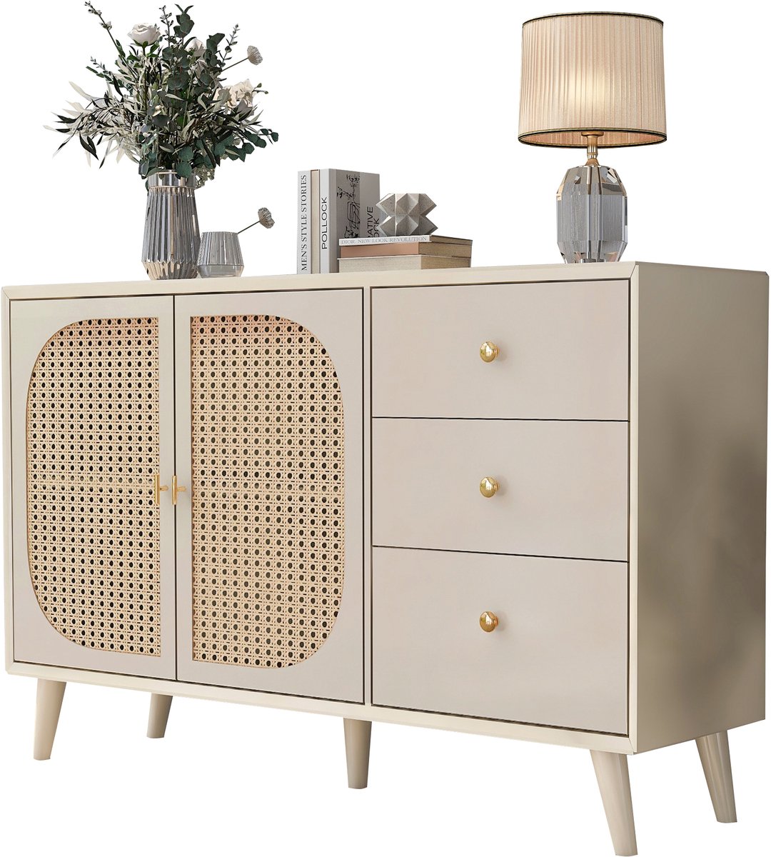Dressoir Kast – met 2 Rattan Deuren en 3 Laden 120 cm – Crème