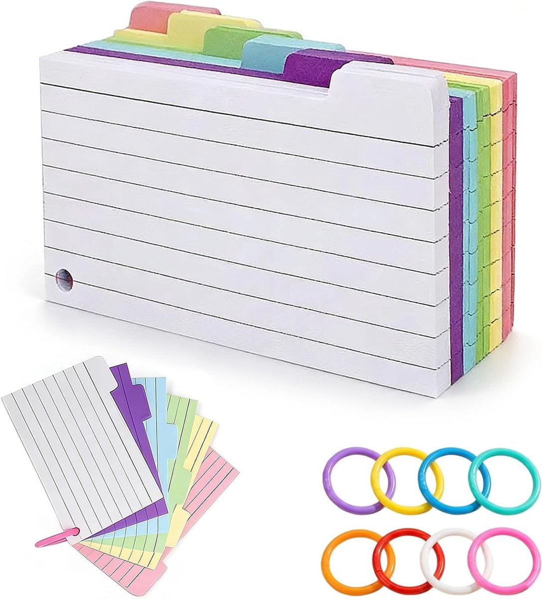150 Memokaarten in 6 Kleuren met 7 Bindringen, Perfect voor School, Kantoor en Thuisgebruik