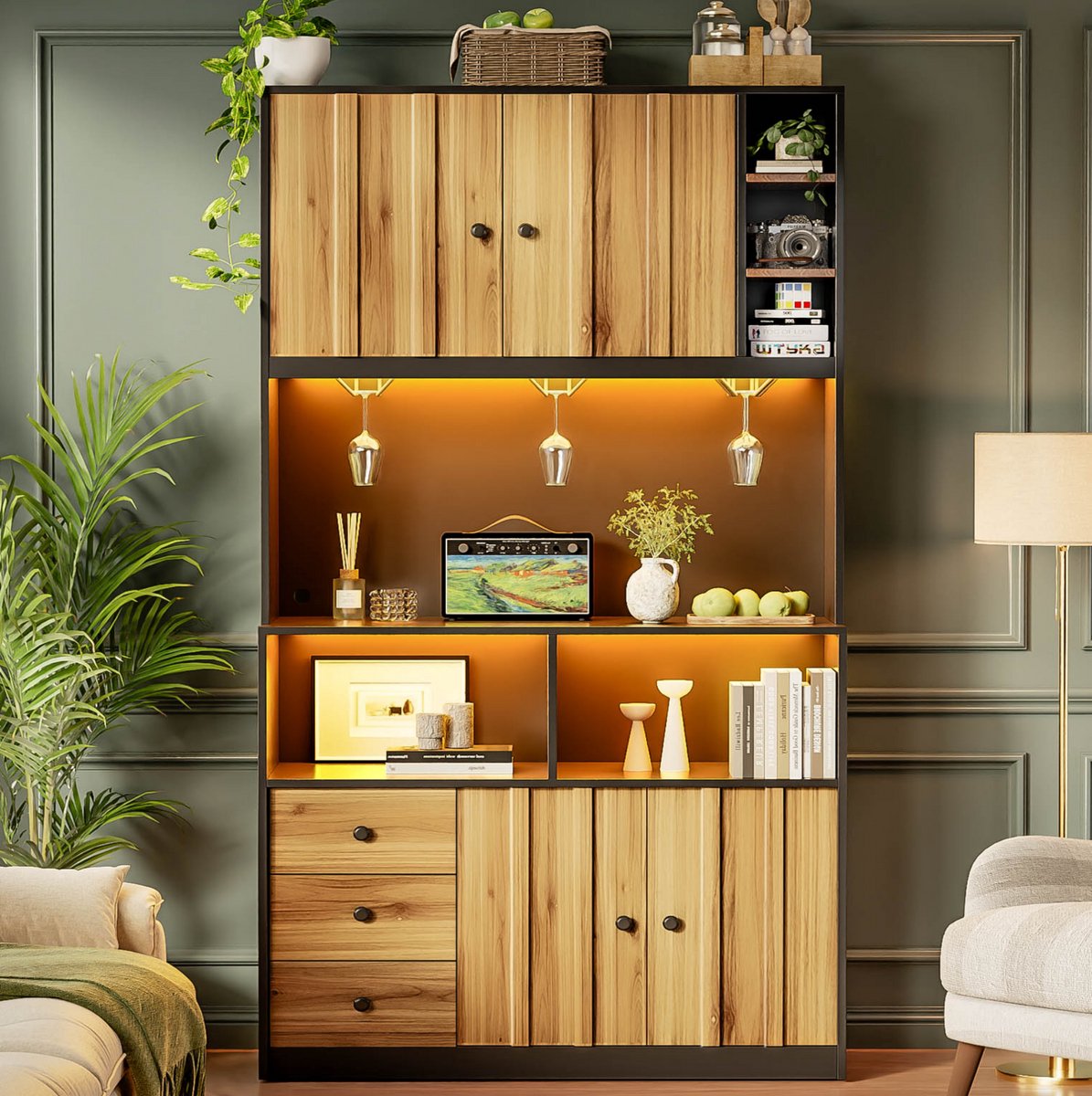 HAUSS SPOLE Keukenkast - Hoge Kast Met Led, Stopcontact En Wijnrek - Voor Keuken En Eetkamer - MDF - 100x40x180 Cm - Zwart Naturel
