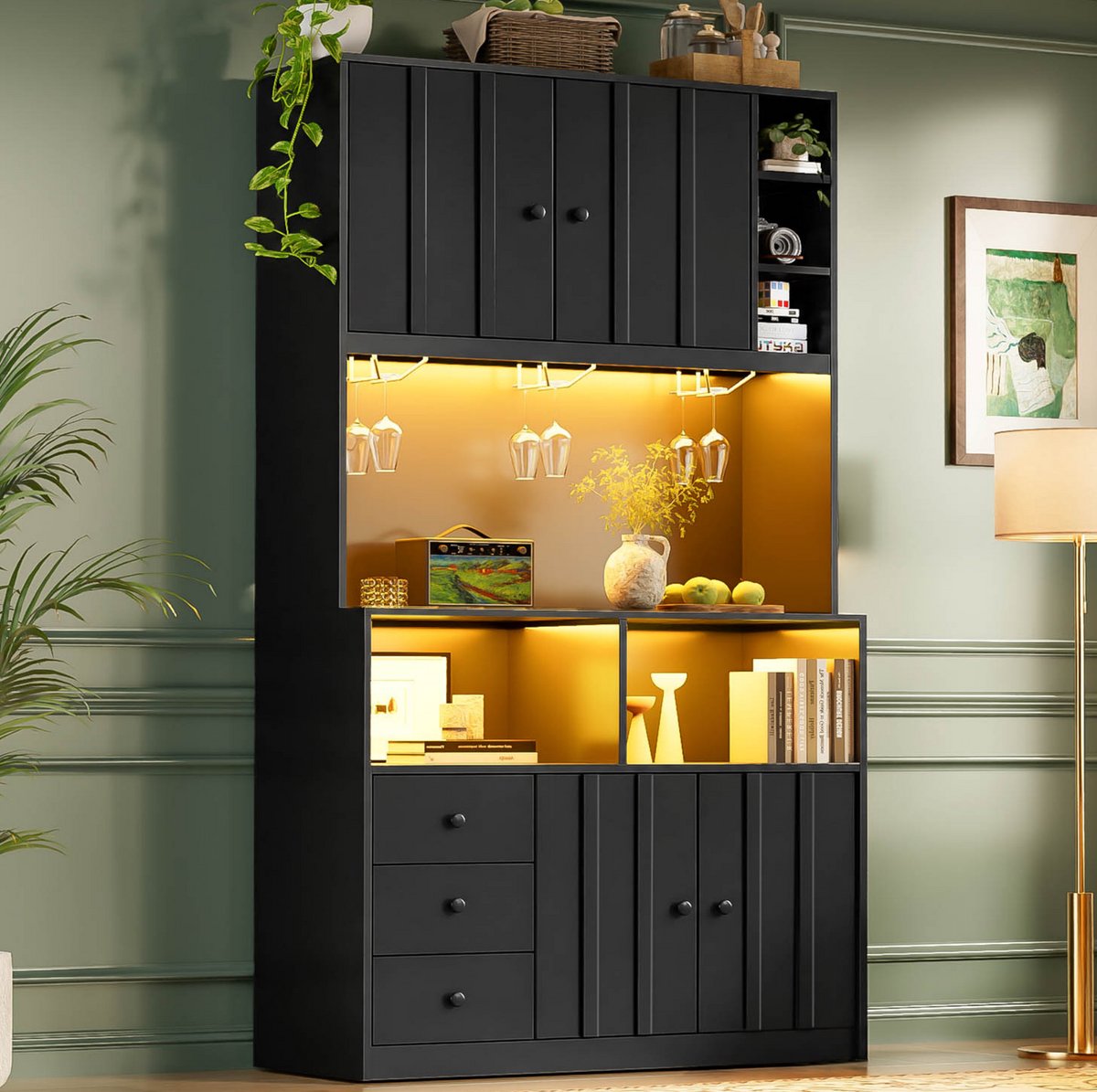 HAUSS SPOLE Keukenkast - Hoge Opbergkast Met Led, Stopcontact, Vitrinekast En Wijnrek - Voor Keuken En Eetkamer - MDF - 100x40x180 Cm - Zwart