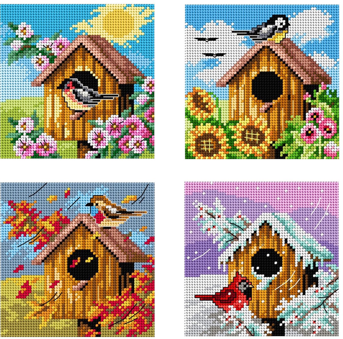 Borduurstramiens orchidea - Set van vier vogelhuisjes in de Seizoenen - afm (4x) 15 x 15 cm (ZONDER BORDUURGARENS-ALLEEN STRAMIEN)