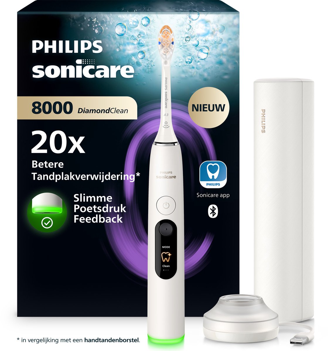Philips Sonicare Next-Generation DiamondClean 8000 Elektrische Tandenborstel - Slimme Poetsdruksensor, Persoonlijke Coaching, Wittere Tanden en Gezonder Tandvlees - Wit - HX8311/11