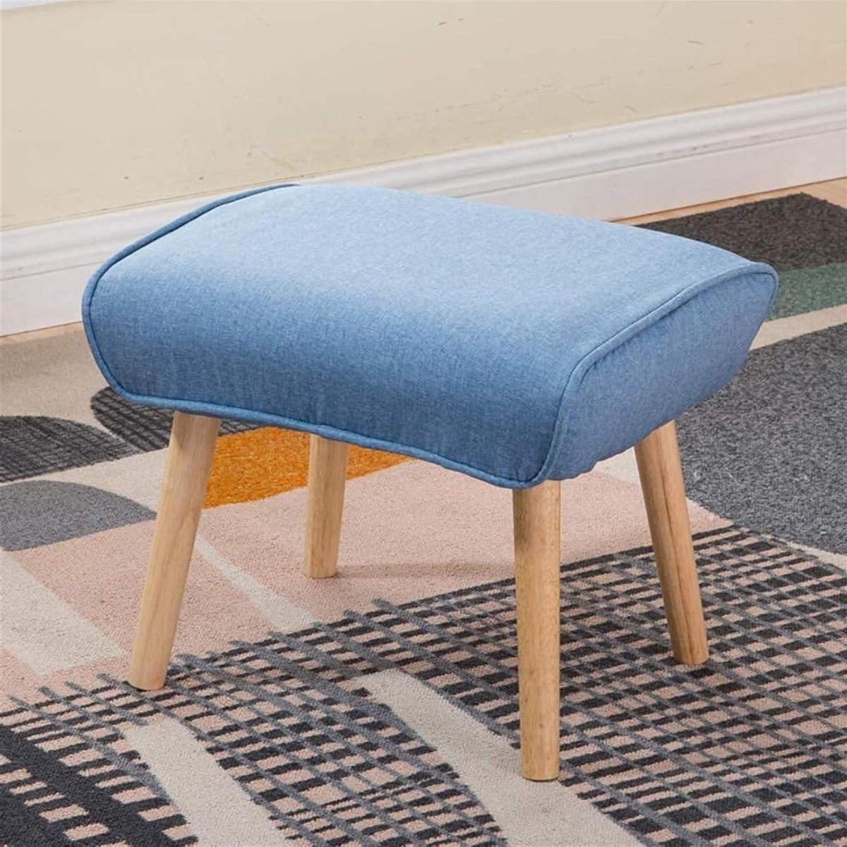 Houten Kruk - Voetenbankje Poef - Ontspannen Zitten - Massief Houten Poten - 50x39 cm - Blauw