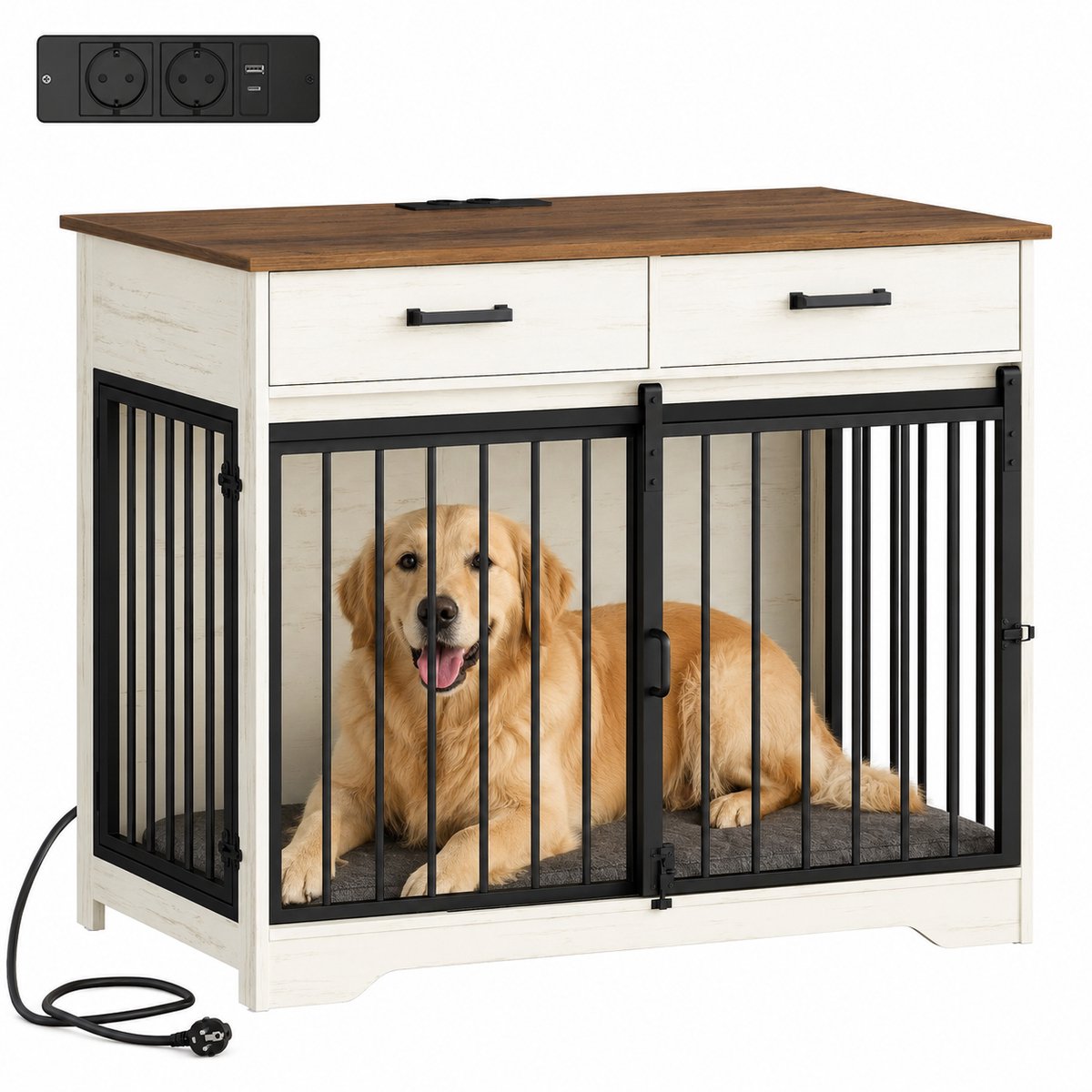 NordPaw® Hondenbench Meubel met Stopcontact en USB - Houten Hondenbench met 3 Deuren, 2 Opberglades en Industrieel Design - Wit/Eiken - 97 x 56 x 81 cm