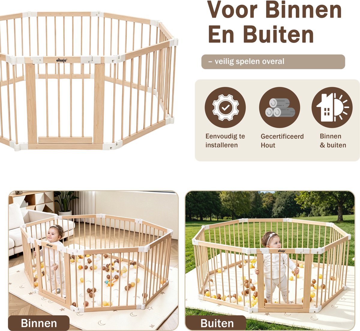 Elissio Grondbox - Babybox - Inklapbare Speelbox - Kinderbox - Playpen Baby - Voorgemonteerd - 130 x 130 x 70 cm - Incl. NL Handleiding - Naturel Hout – foto 3