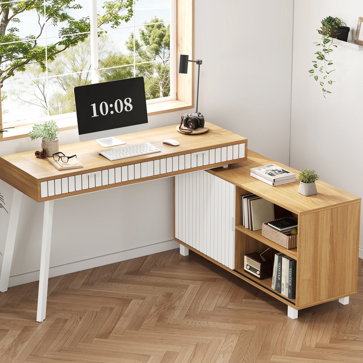 FloraGrace Bureau - L-Vormig Hoekbureau Met 2 Laden En Kast - Voor Kantoor En Thuiswerkplek - MDF En Metaal - 140x120x76,5 Cm - Naturel Wit