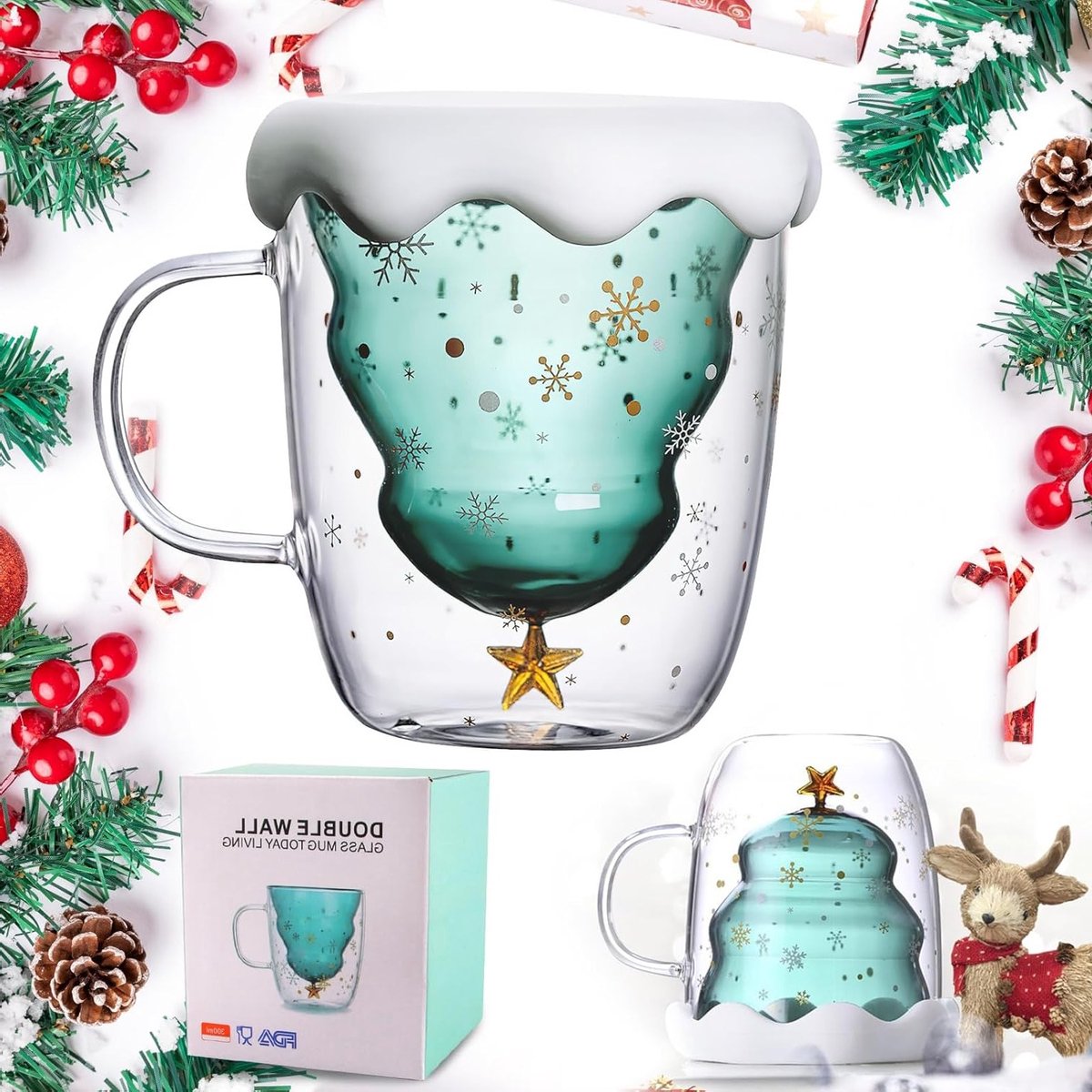 Dubbelwandige glazen koffiemokken met handvat, kerstthema, set van 4 schattige koffiebekers en tassen