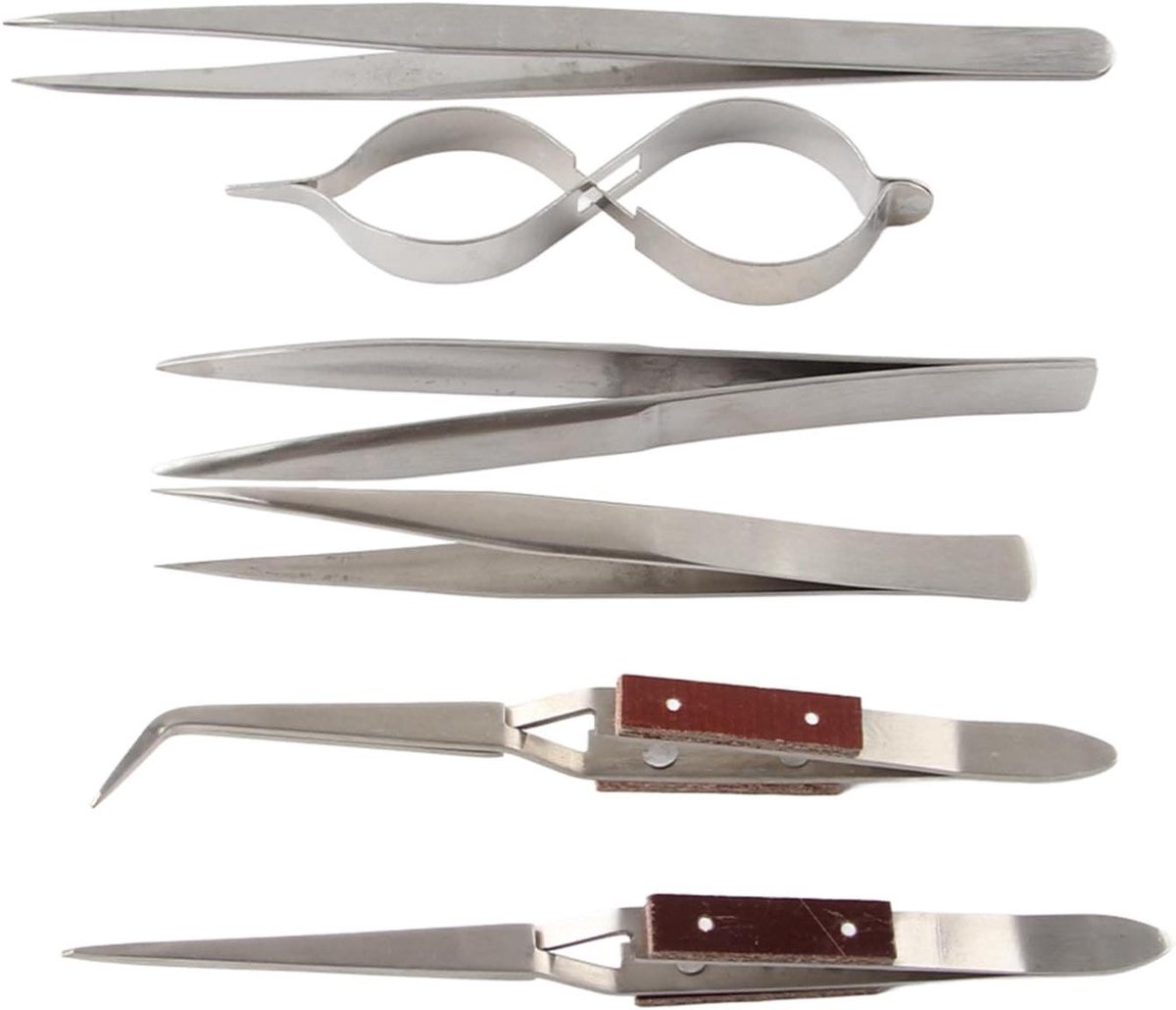 Sieraden Pincet Set - Precisie Tweezer - Kleine Onderdelen Pakken - Zelfsluitend Mechanisme - 6 Delig - Zilverkleurig