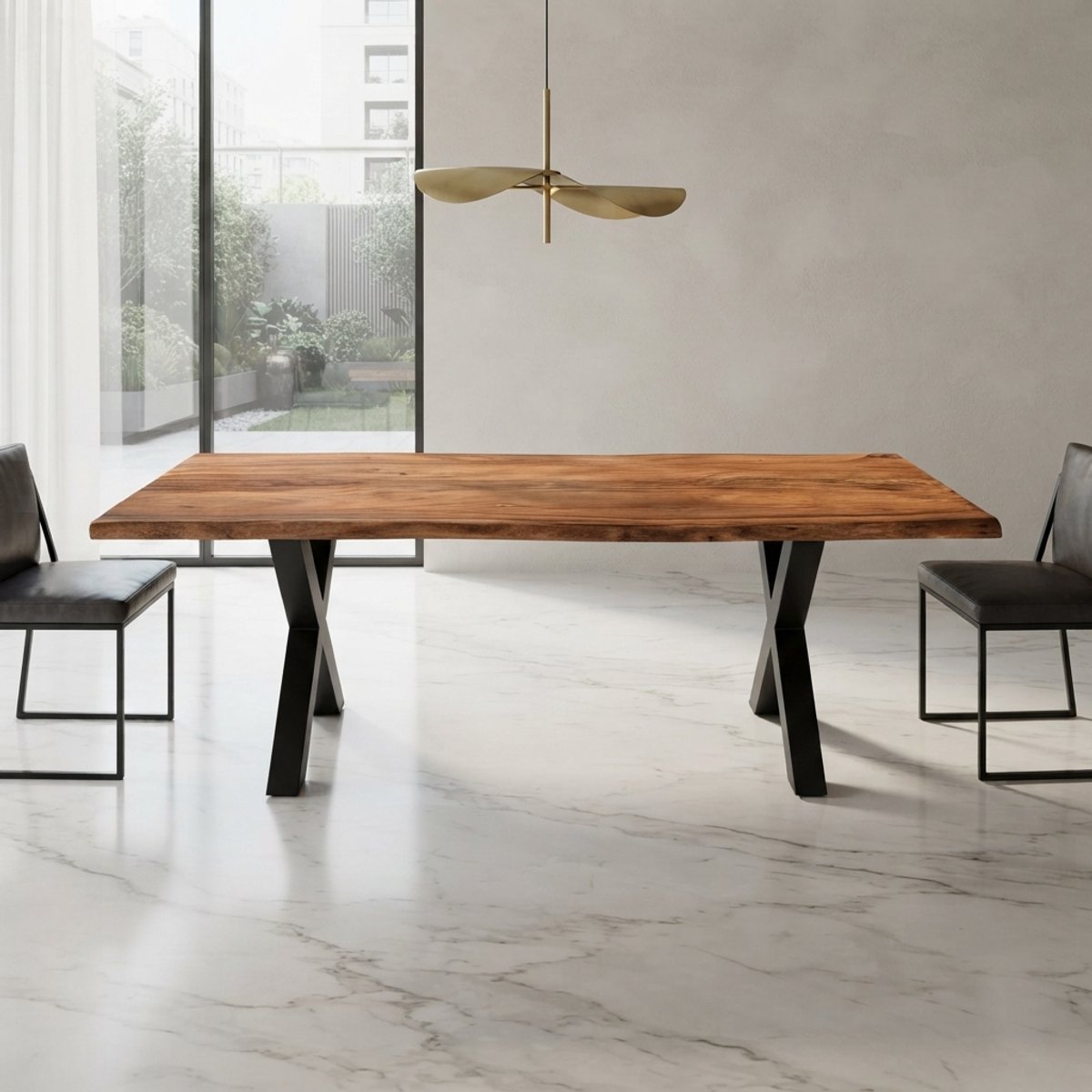 Massief Acacia Salontafel met Boomstamrand 120 x 60 cm Industrieel - Houten Woonkamertafel met Zwart Metalen X-Frame - Honingkleur | Novihomestore