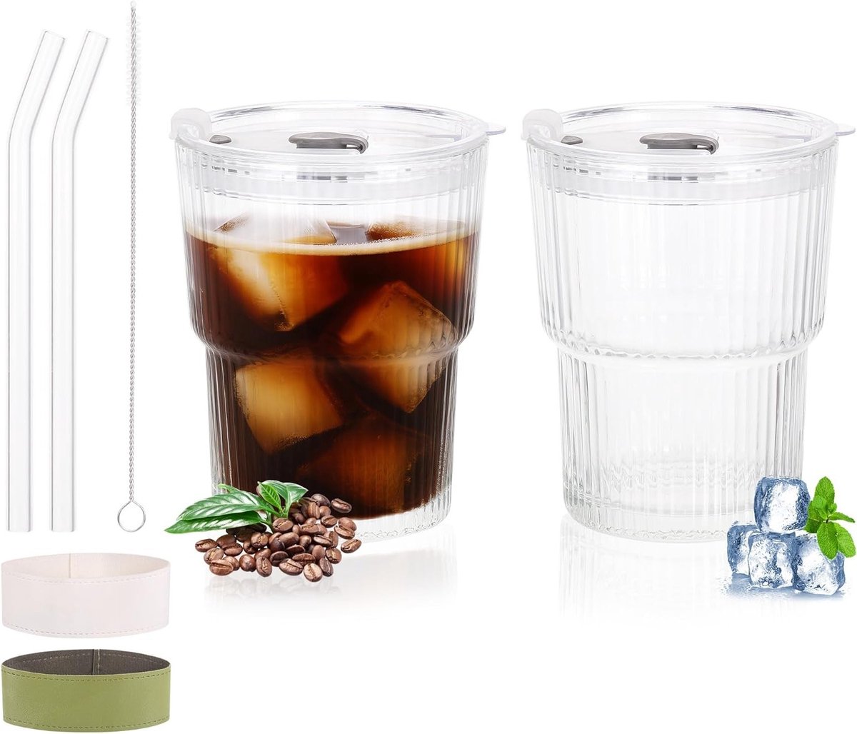 Transparante glazen bekers met deksel en rietje, 400 ml, ideaal voor smoothies, koffie en sap, set van 2 stuks