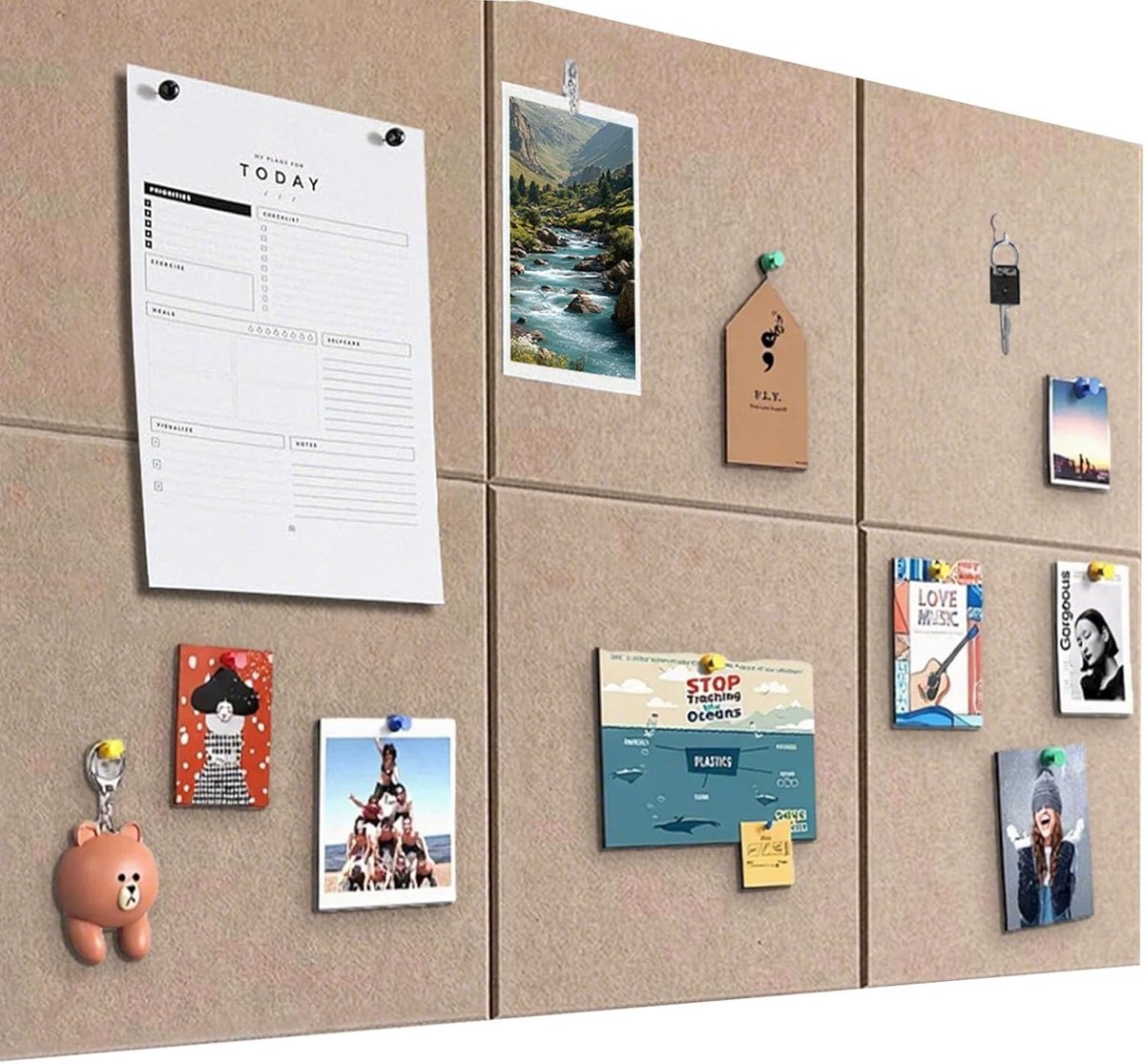Thijox - Groot Prikbord 90x60 cm - Vilt Zelfklevend met 60 Punaises - 6 Stuks 9 mm Dik - Decoratief Visiebord voor Foto's en Memobord voor Thuis, Keuk