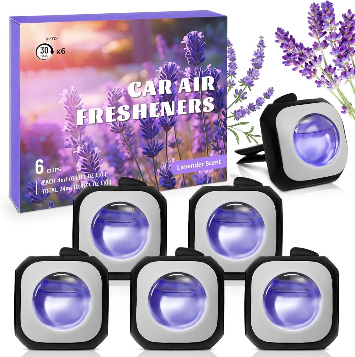 Thijox - SCENTORINI Auto-luchtverfrisser met clip, Lavendelgeur, Verwijdert Parfumgeuren, 30 Dagen Frisse Lucht, 6 Stuks, Auto Accessoires