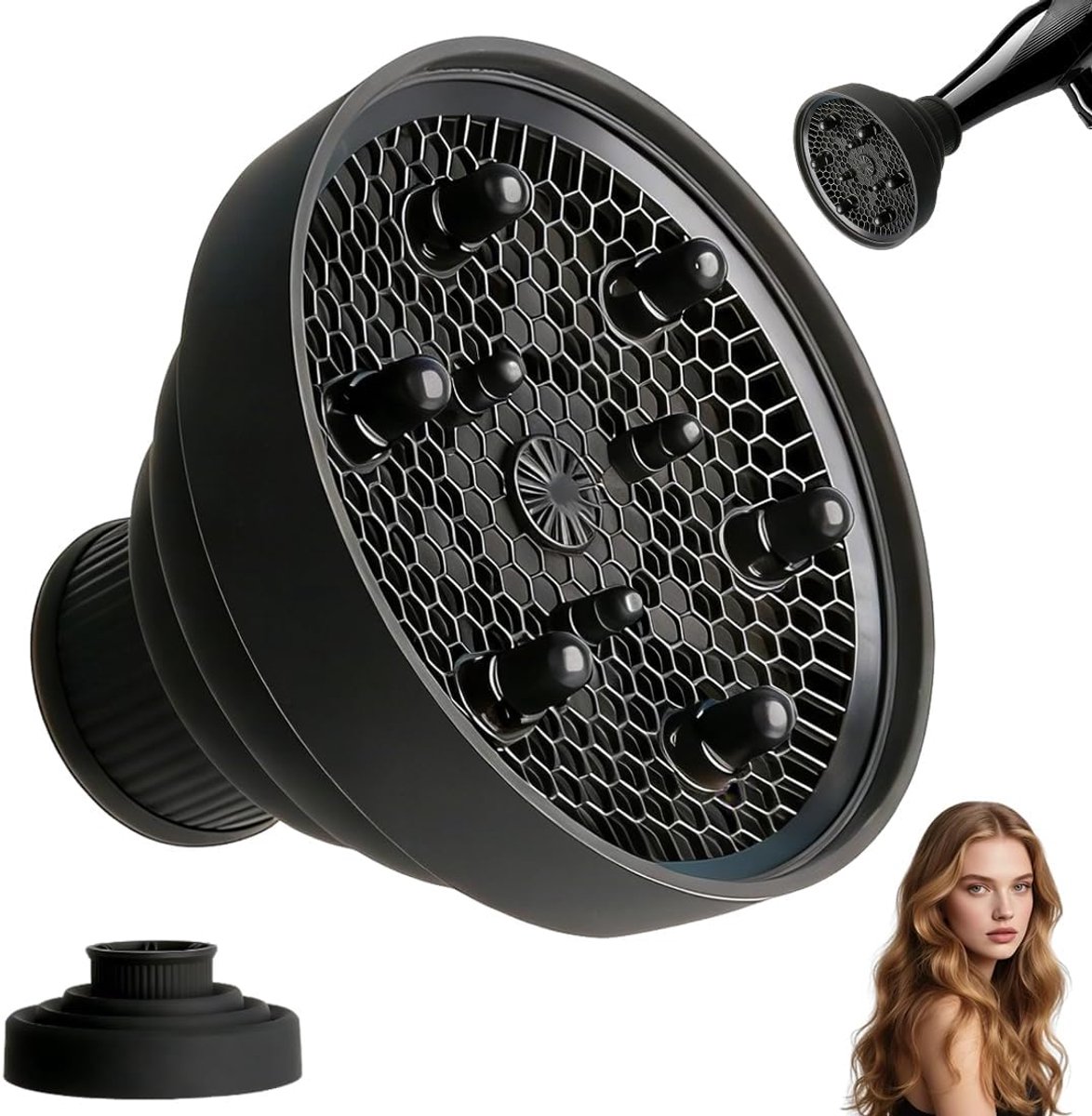 SnelShoppen - Opvouwbare en herbruikbare krultang-diffuser voor haardroger, hittebestendig siliconenmateriaal, zwart, ideaal voor salon en thuisgebrui