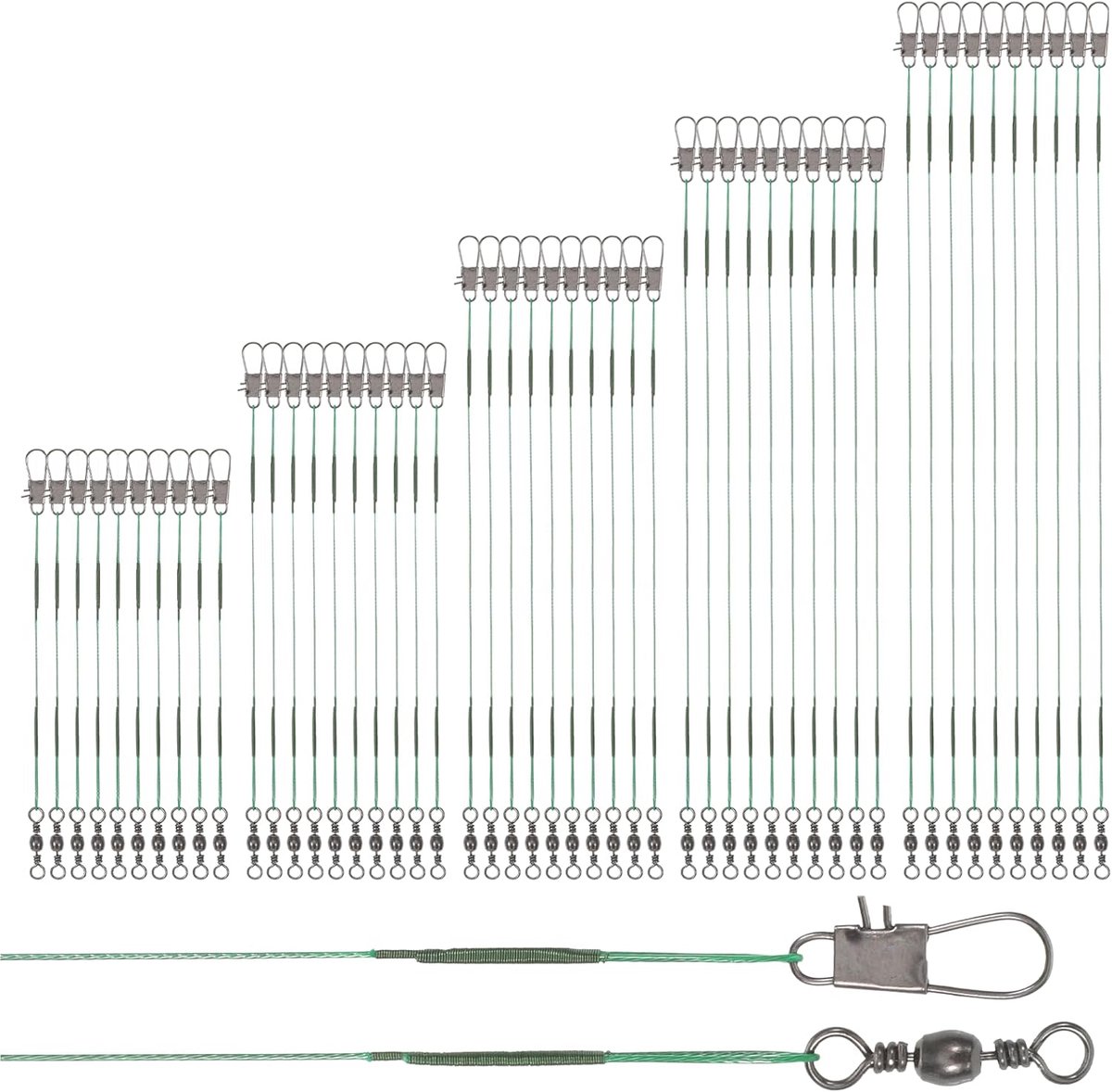 SnelShoppen - 50pcs Stalen Voorzakken Pike, Stalen Vislijnen met Draaihaak (10/15/20/25/30cm) - Ideaal voor Spinnenvissen en Roofvissen in Zoet en Zou