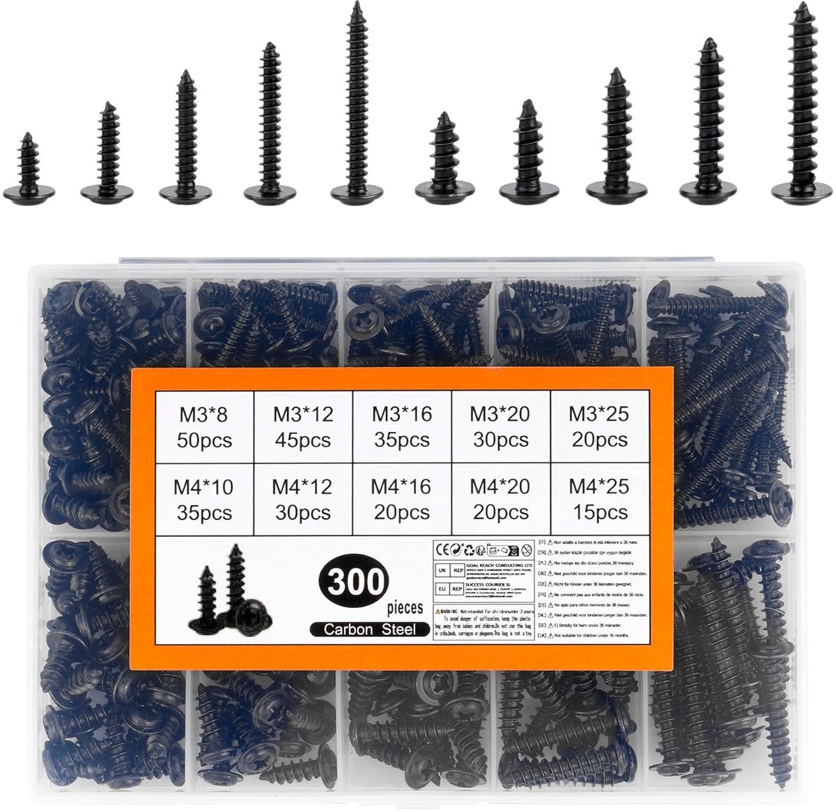 SnelShoppen - 300pcs Zelftappende Schroeven Set M3 M4 - Hoogwaardige Carbon Stalen Platen, Zwart, Verzinkt, Voor Metaal en Hout, Countersunk Flat Lens