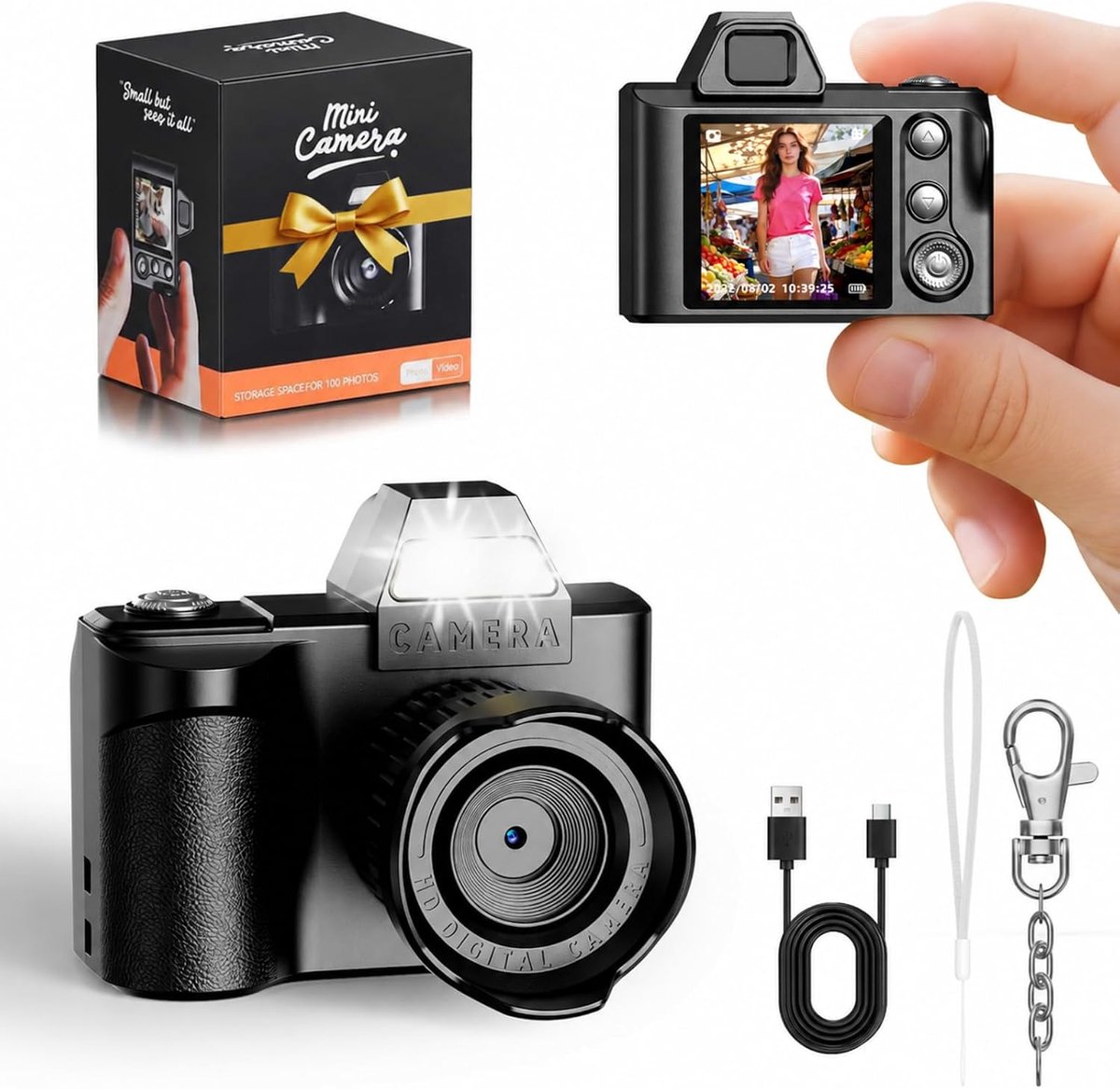 SnelShoppen - Mini Digitale Camera 1080P HD Video - Retro Sleutelhanger Camera met 64GB SD Kaart - Compact en Lichtgewicht voor Volwassenen en Kindere