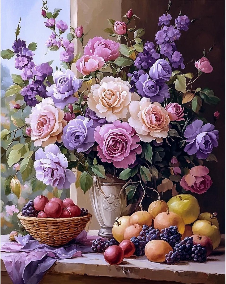SnelShoppen - Painting by Numbers voor Volwassenen, Fruit en Bloemen Boeket, DIY Handgeschilderd Olieverf Schilderpakket voor Beginners en Volwassenen