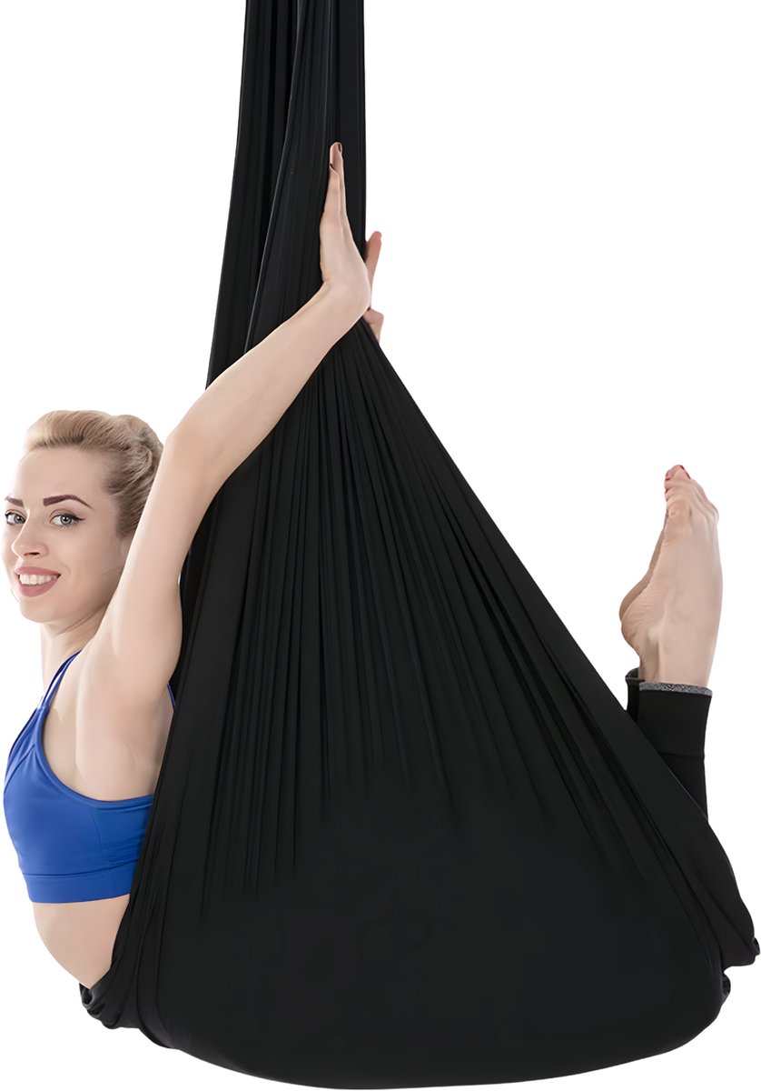 Aerial yoga hangmat set - Zijden stof in zwart ±503 cm met karabijnhaken en ophanglussen