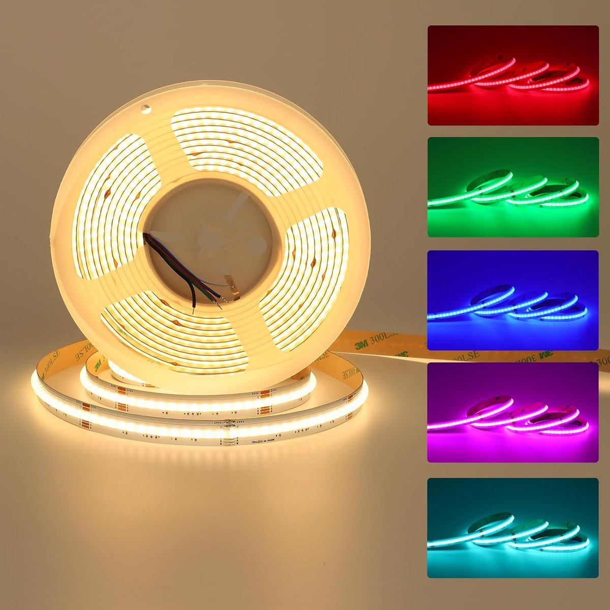 SnelShoppen - RGBW COB LED Strip 24V 5M 784LEDs/M Binnenverlichting, Multicolor LED Tape 12MM, 19W/M, Warm Wit en Kleurrijke Verlichting voor Huizen,