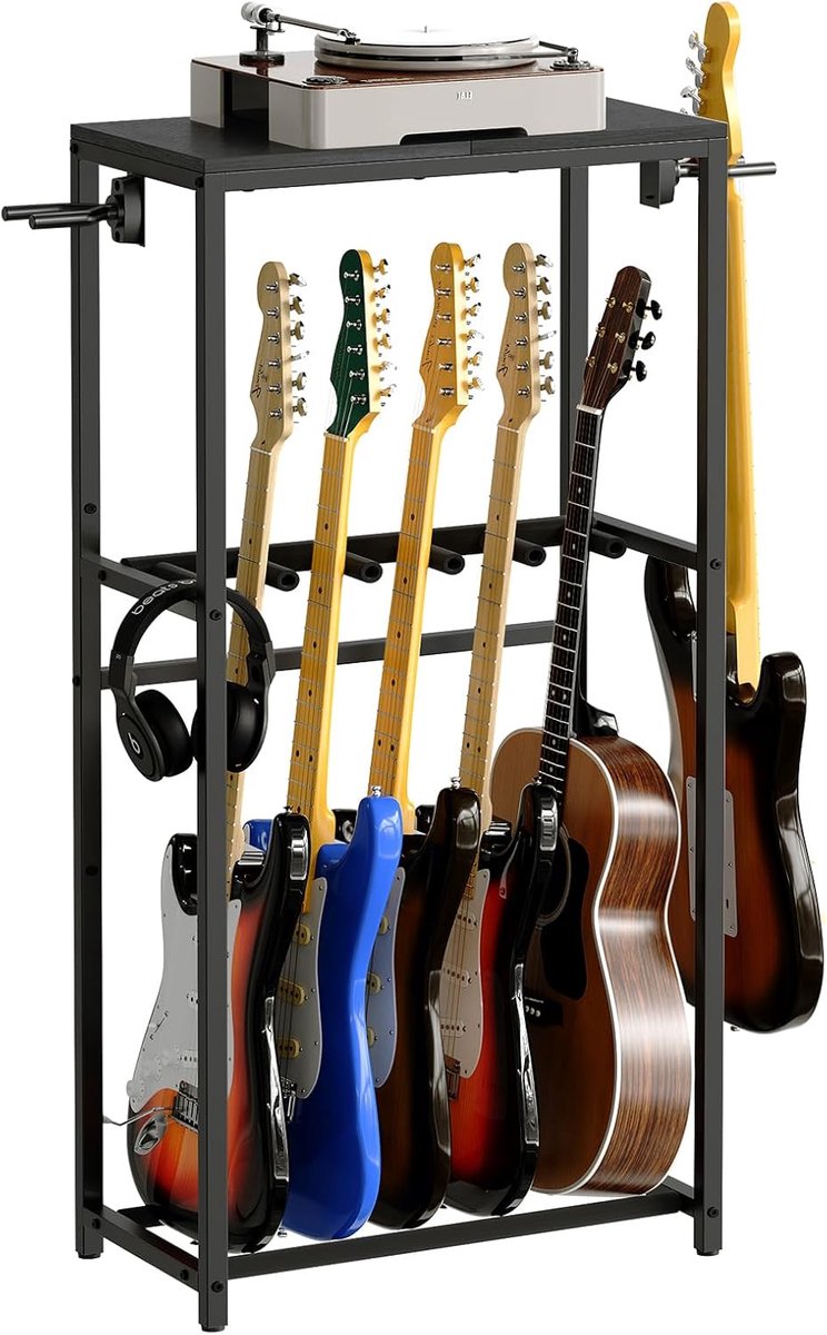 Thijox - Gitaarstandaard voor 5 Gitaren, 2-Laags, Stevige Metalen Constructie, Houten Afwerking, Geschikt voor Akoestische Gitaar, Elektrische Gitaar,