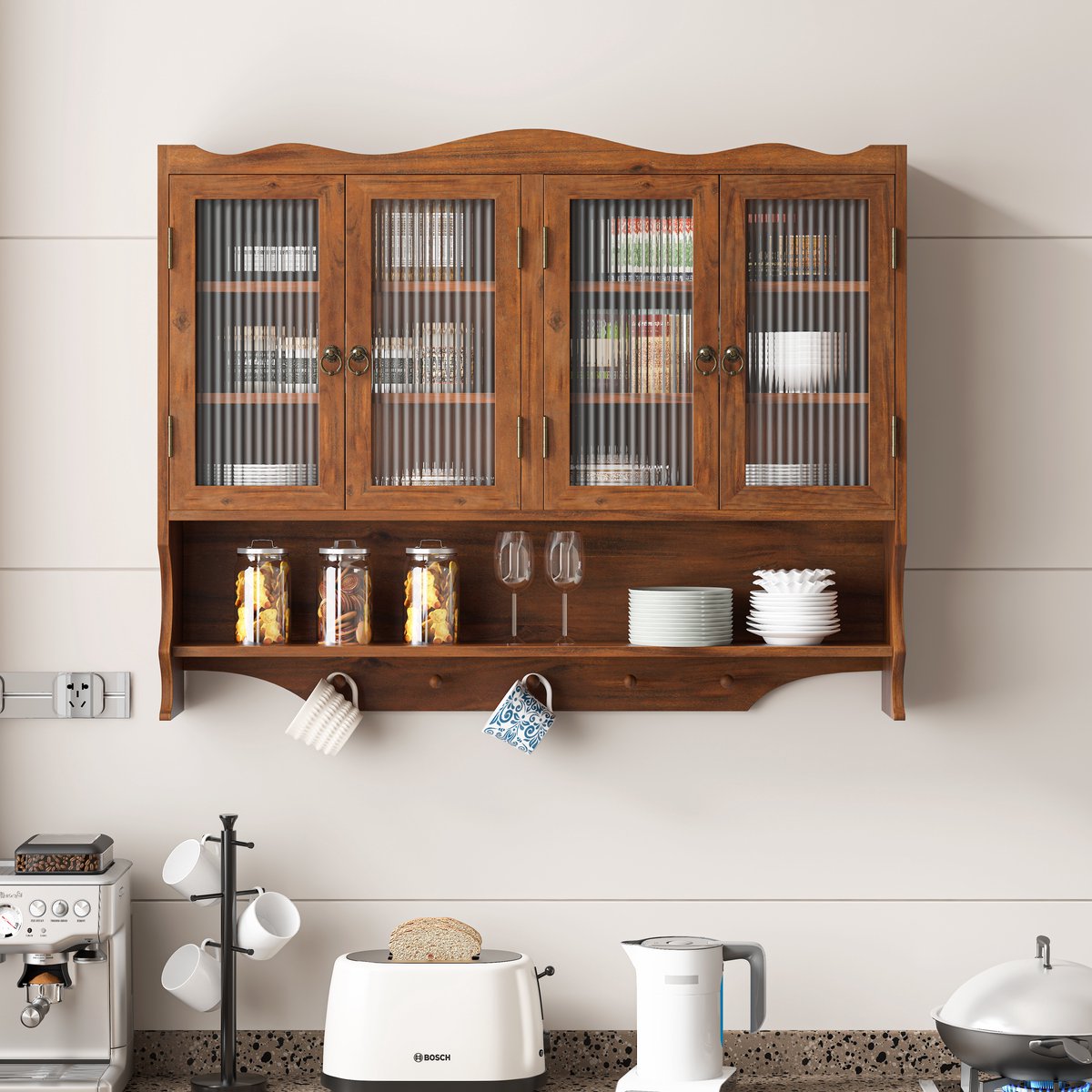 Wishdor - Wandkast - 4-deurs met open haakrek - Retro vitrinekast - Voor badkamer, keuken of eetkamer - Hout en glas - Bruin - 100 x 20 x 80 cm