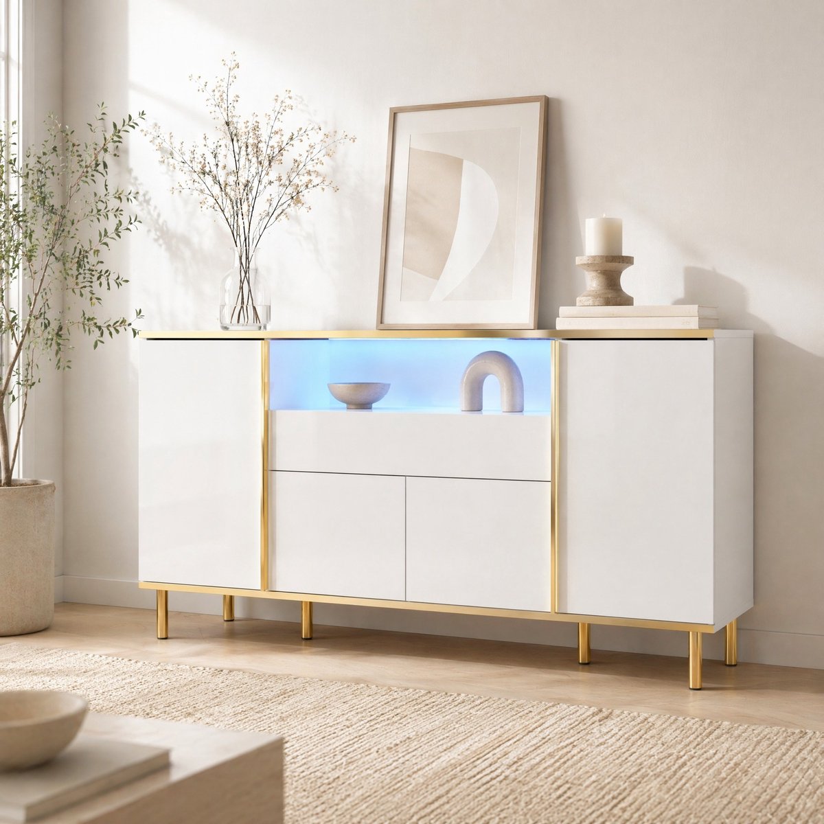 Wishdor - Sideboard - Hoogglans dressoir met LED-verlichting en 4 deuren met lade - Design - woonkamer of eetkamer - Houtlook wit met goud - 150 x 40 x 80 cm