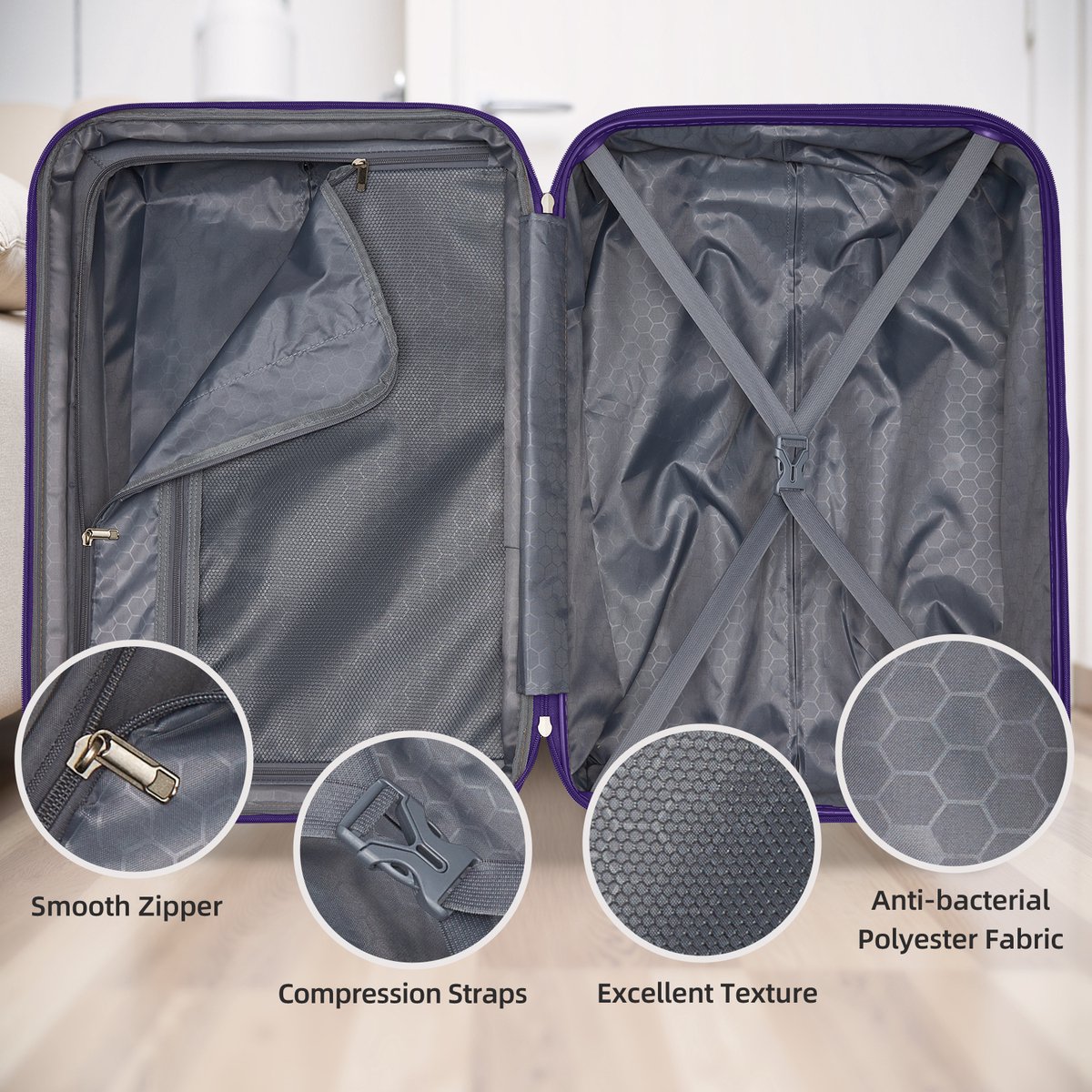 Kofferset Uitbreidbaar – 6-Delig 20/24/28 Inch – ABS Harde Koffers – Donkerpaars – Met Reistas, Toilettas En Cijferslot