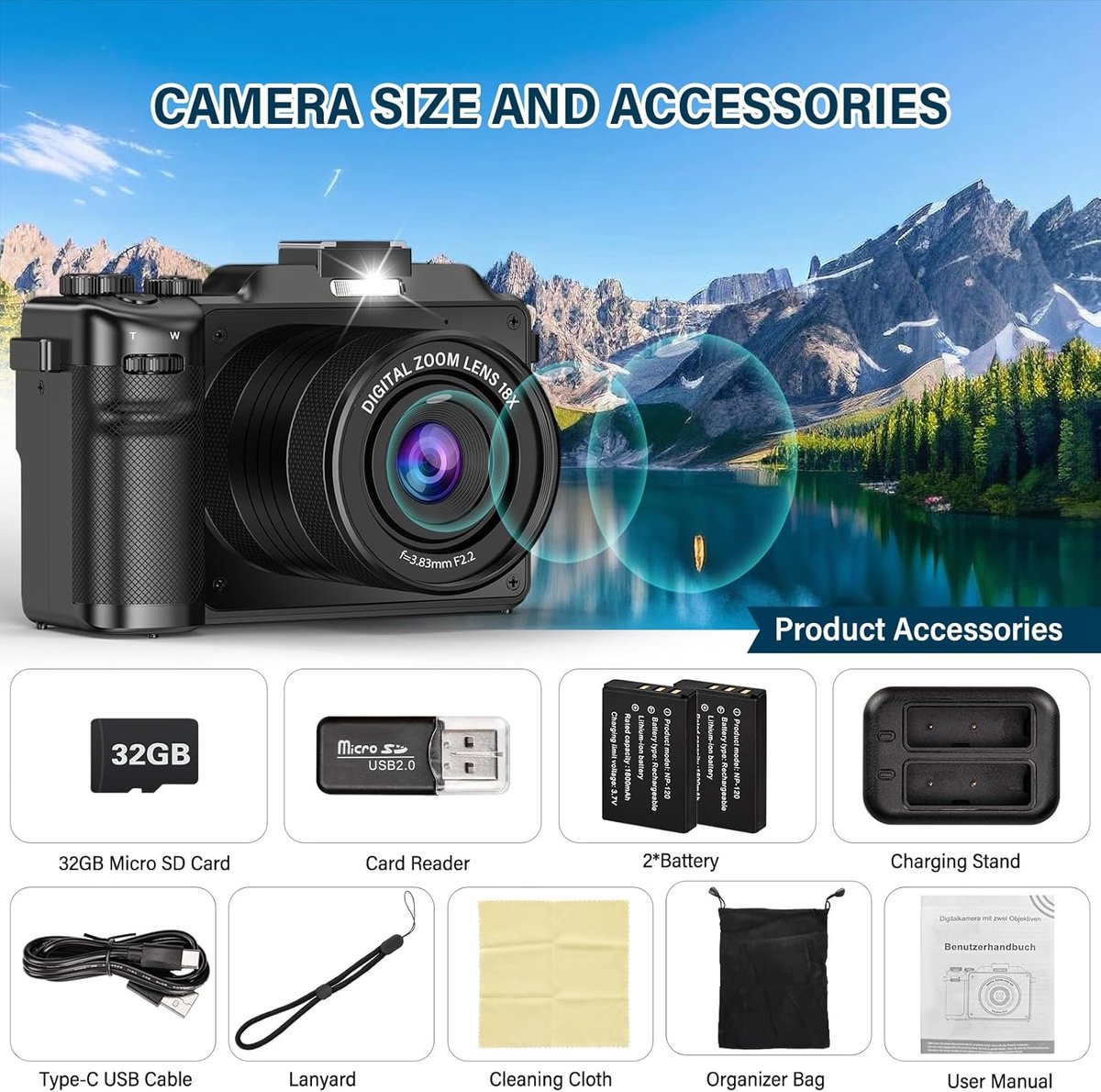 SnelShoppen - 4K Digitale Camera 64 MP met 18x Zoom, Auto Focus, WiFi, Vlogging Camera met Selfie Functie, Compacte Camera met 32 GB Geheugenkaart, Op thumbnail 2