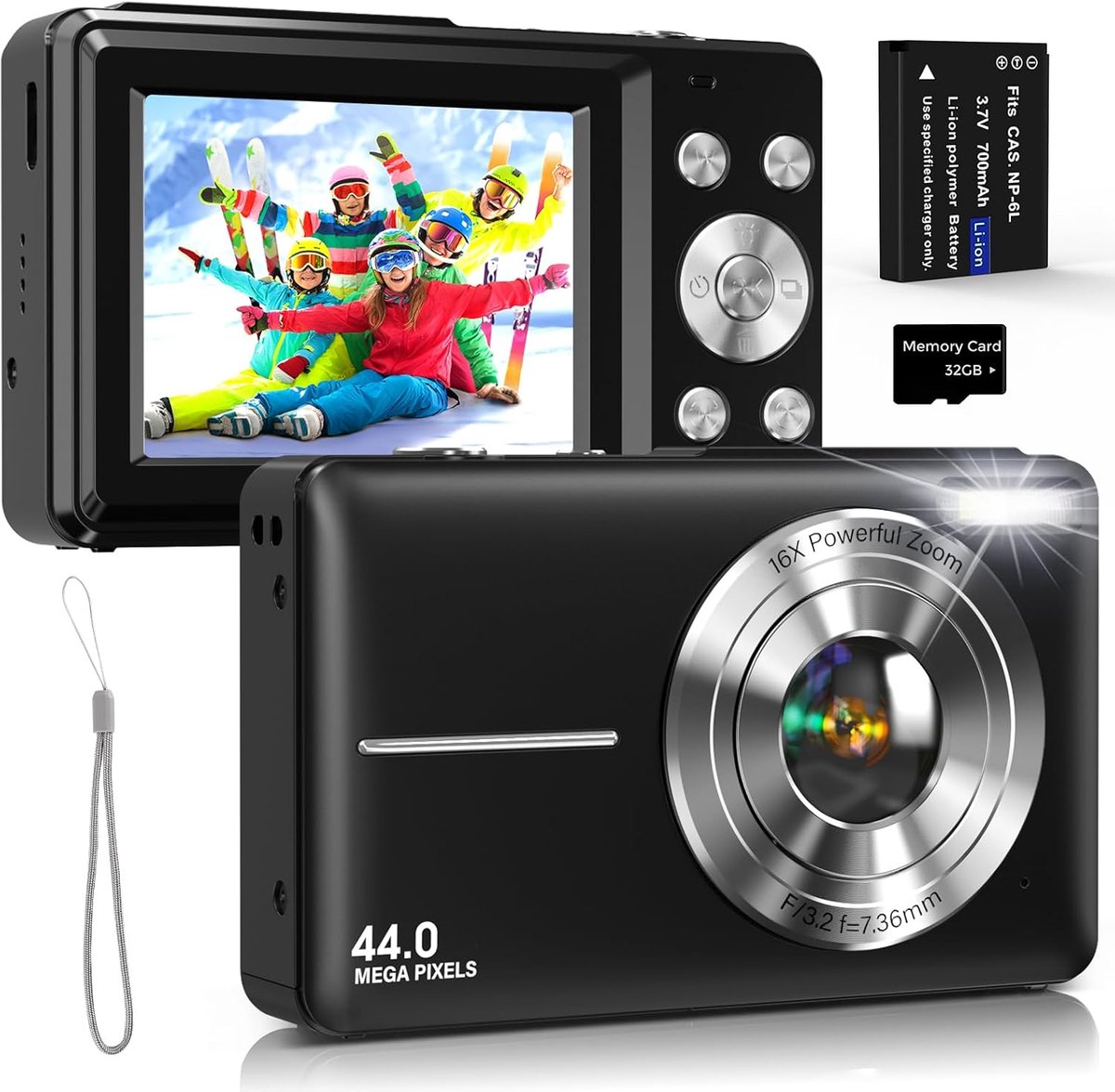 SnelShoppen - Digitale Camera 44MP met 1080P HD Video, Webcam Mode, 2.4 Inch IPS Display, 16x Digitale Zoom, 32GB Geheugenkaart, Ideaal voor Kinderen