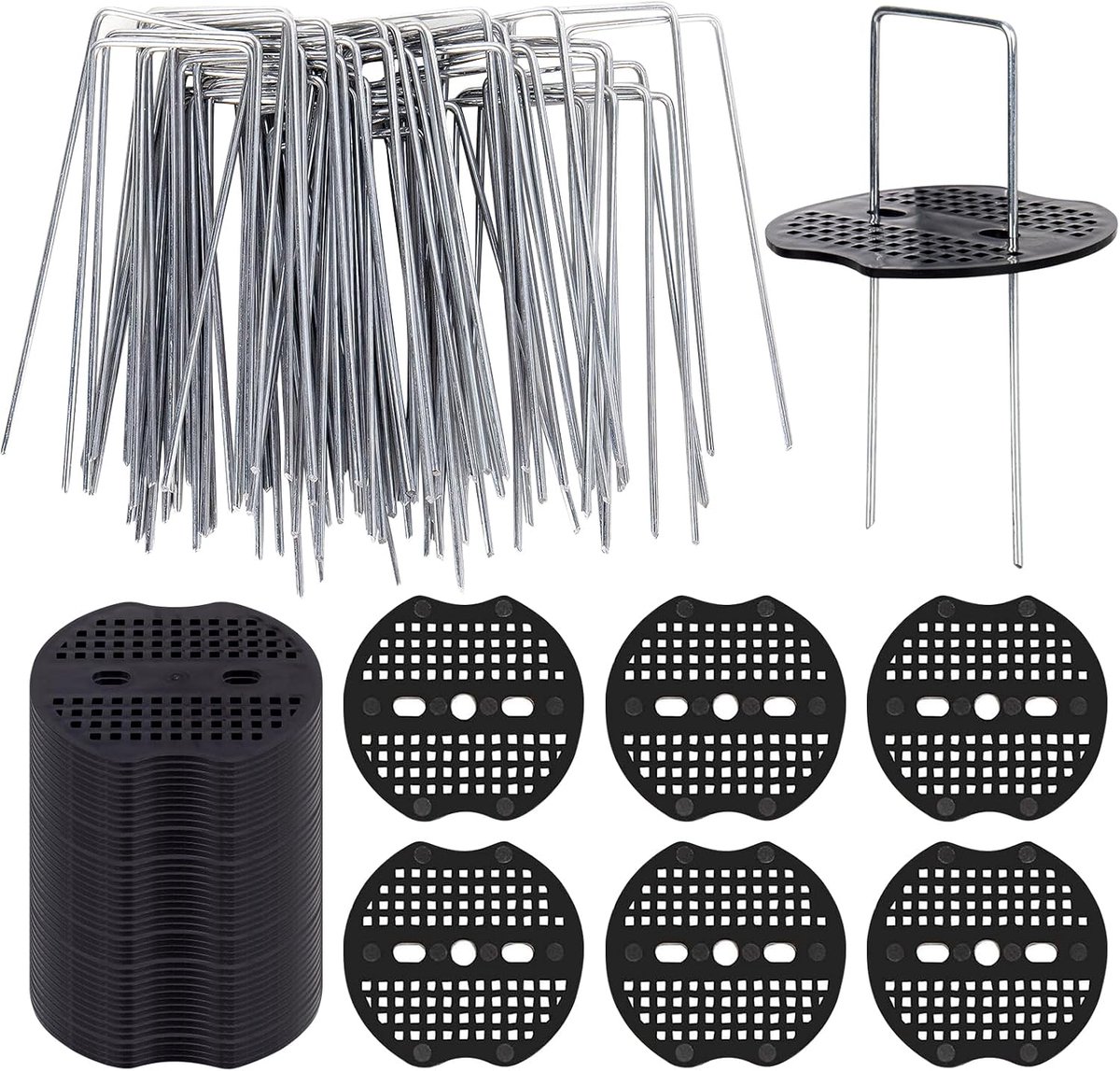 SnelShoppen - 50 Grondankers en 50 Buffer Disc, Roestvrije Stalen U-vormige Haringen voor Folie, Kunstgras, Schutting en Onkruiddoek, 150 x 40 mm, Dia
