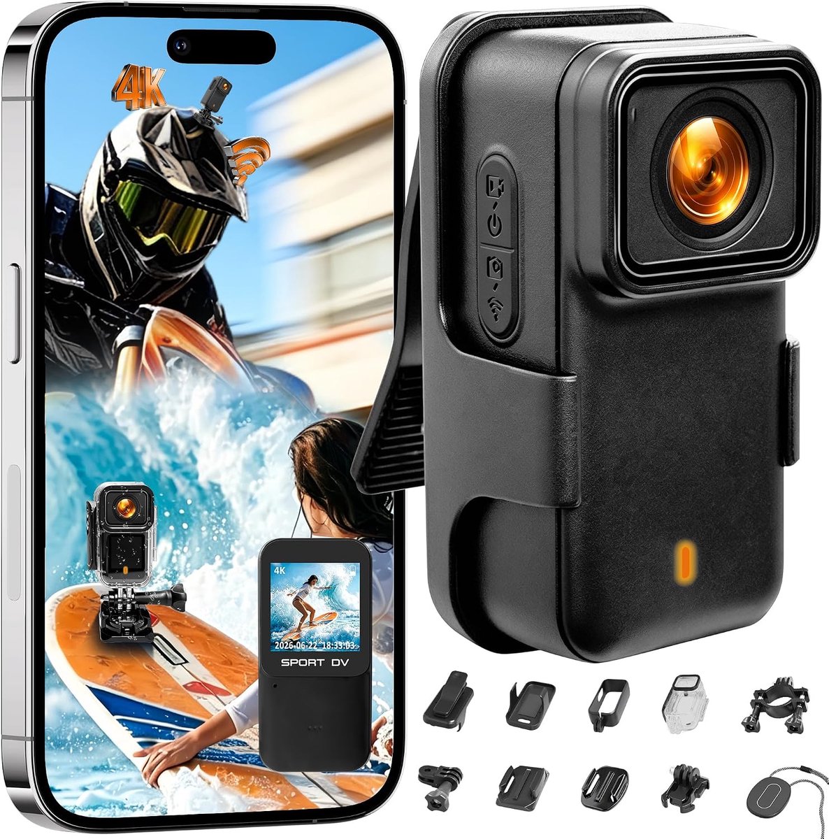 SnelShoppen - Bodycam 4K Mini Actiecamera met Wifi, Waterdichte Helmcamera, Draagbare Magnetische Lichaamscamera, Handsfree Duimcamera voor Motorfiets