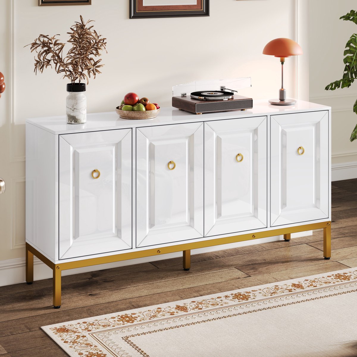 Wishdor - Dressoir - Hoogglans opbergkast met 4 deuren en verstelbare planken - modern voor woonkamer of eetkamer - houtlook wit goud - 140 x 40 x 80 cm