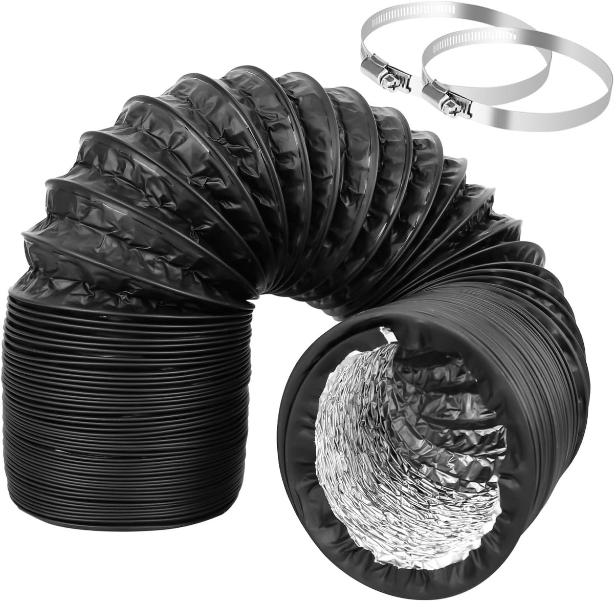 SnelShoppen - Flexibele Drainage Slang 100 mm, 3 m PVC Aluminium Afvoerslang met 2 RVS Slangklemmen voor Airconditioning, Afzuigkap en Wasdroger