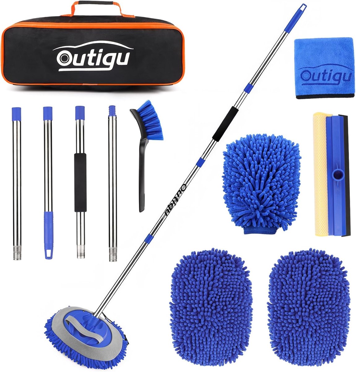 SnelShoppen - Car Wash Brush Set met 160 cm Uitschuifbare Handgreep, Microvezel Mop, Vervangbare Hoofd, Wielborstel, Doek en Spons (Blauw)