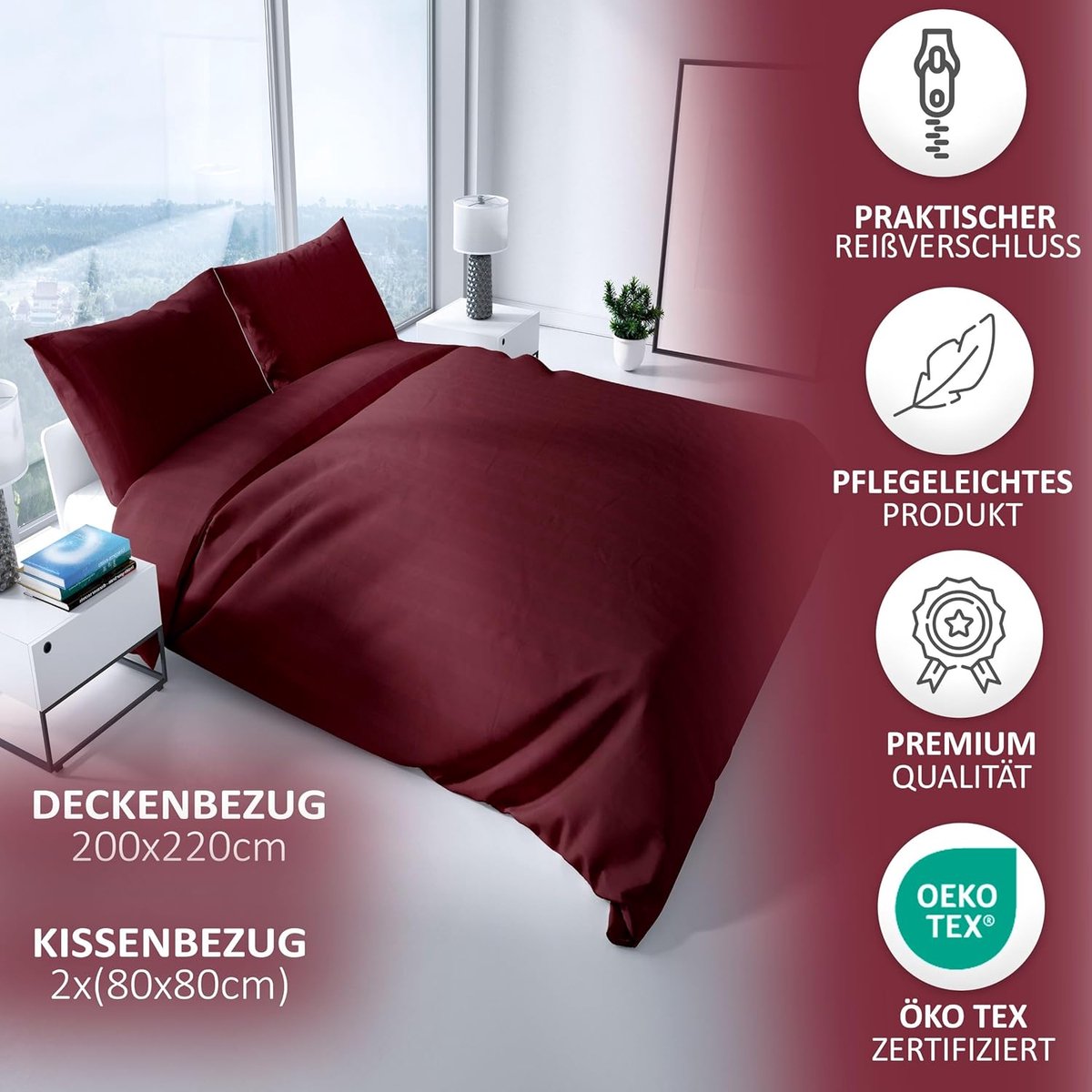 SnelShoppen - Luxueuze Satin Bedlinnen 200x220 cm Bordeaux | 100% Katoen Damast | 4-Seizoenen Set met Kussensloop 80x80 cm | Premium Kwaliteit | Zacht