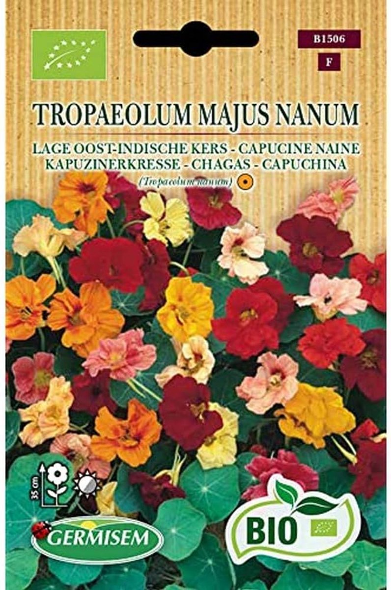 SnelShoppen - Germisem Organic Tropaeolum Majus Nanum Nasturtium Zaden 3 g - Eetbare Bloemen en Bladeren - Geel, Roze, Bruin en Donkerrood - Makkelijk