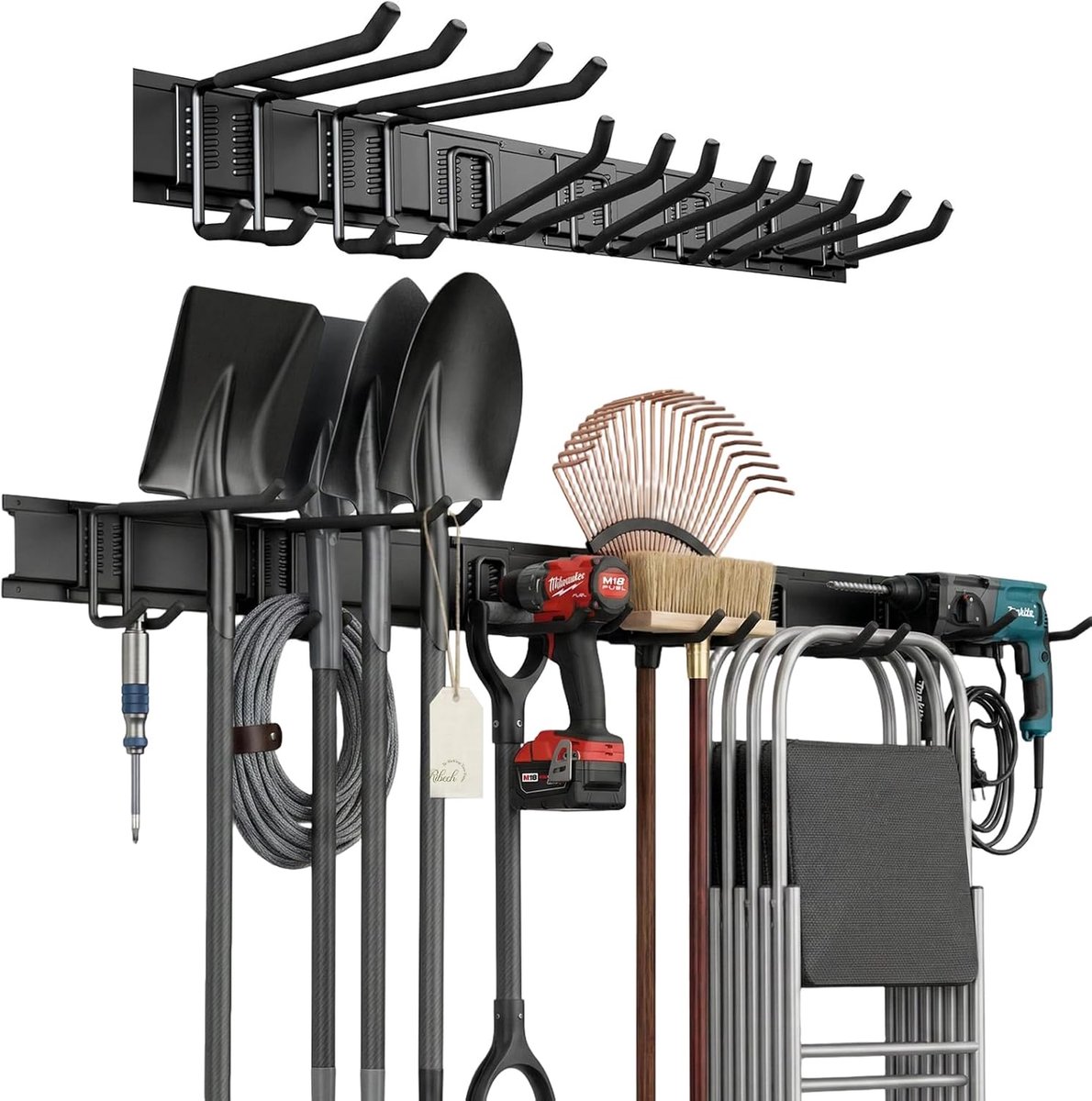 SnelShoppen - Garage Wall Tool Rack 122 cm - Opslagrails met 7 Rubber Lined Haakjes - Tot 227 kg - Voor Tuingereedschap, Skis, Bezem, Scheppen - Wandb