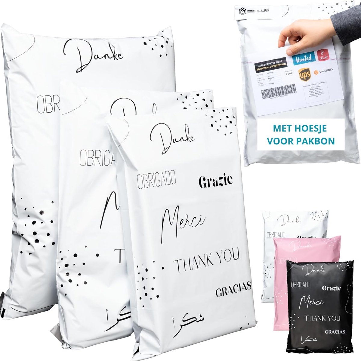SnelShoppen - 60 Verzendzakken Kleding Vinted met BON Houder - Waterdicht, Duurzaam, 3 Maten (M/L/XL) - Perfect Voor Verzenden van Pakketten