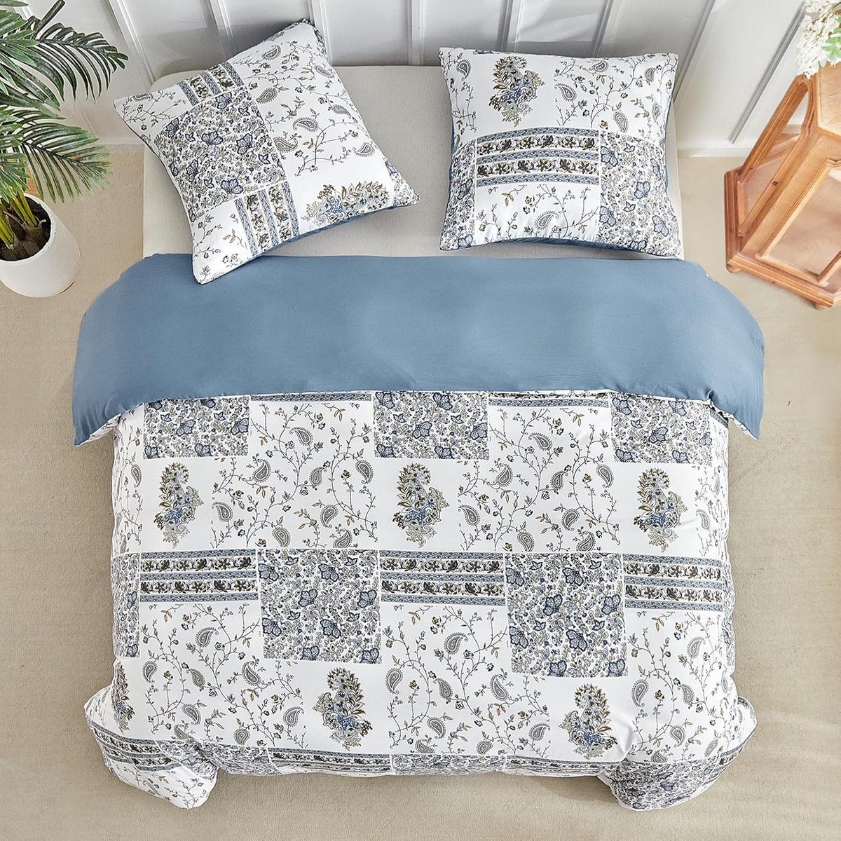 SnelShoppen - Duvet Cover 200x200cm met 2 Kussenslopen 65x65cm - Bohemian Floral Patchwork Motief - 100% Microfiber Beddegoed Set met Ritsen, Blauw -