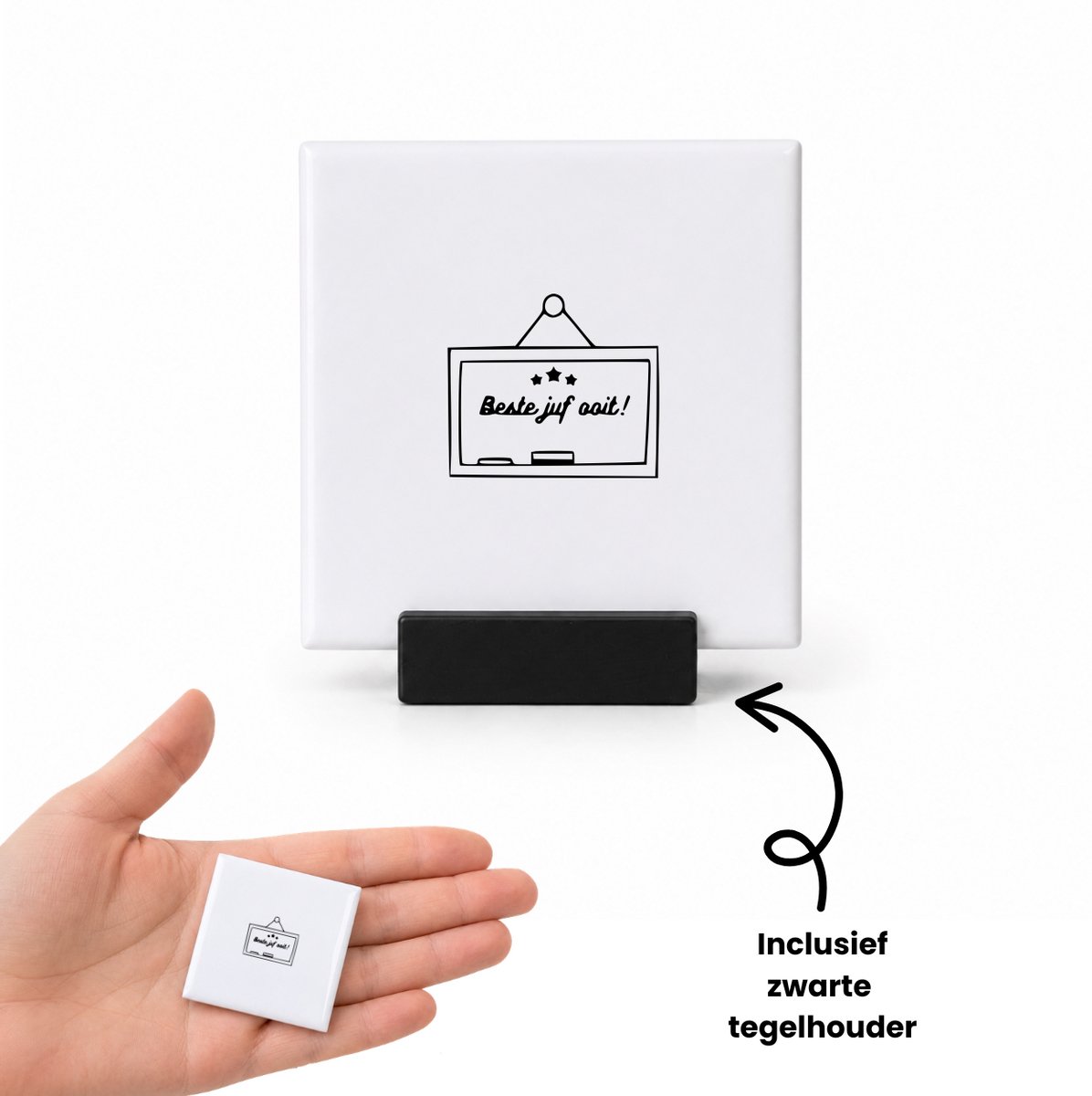 Hacebo beste juf ooit tegeltje met tegelhouder - Juf - Juffen - tegeltjes met tekst - cadeau - docent - afscheid - verjaardag - leuk kado voor je collega om te geven - spreuktegels - 4.8x4.8 CM Wit