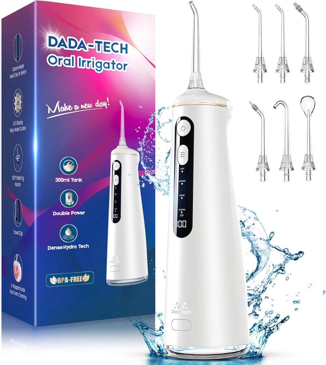 SnelShoppen - Draadloze Water Flosser voor Tanden - 4 Modi, 8 Instelbare Niveaus, 7 Mondstukken, 300 ml Tank, Effectieve Interdentale Reiniging, Elekt